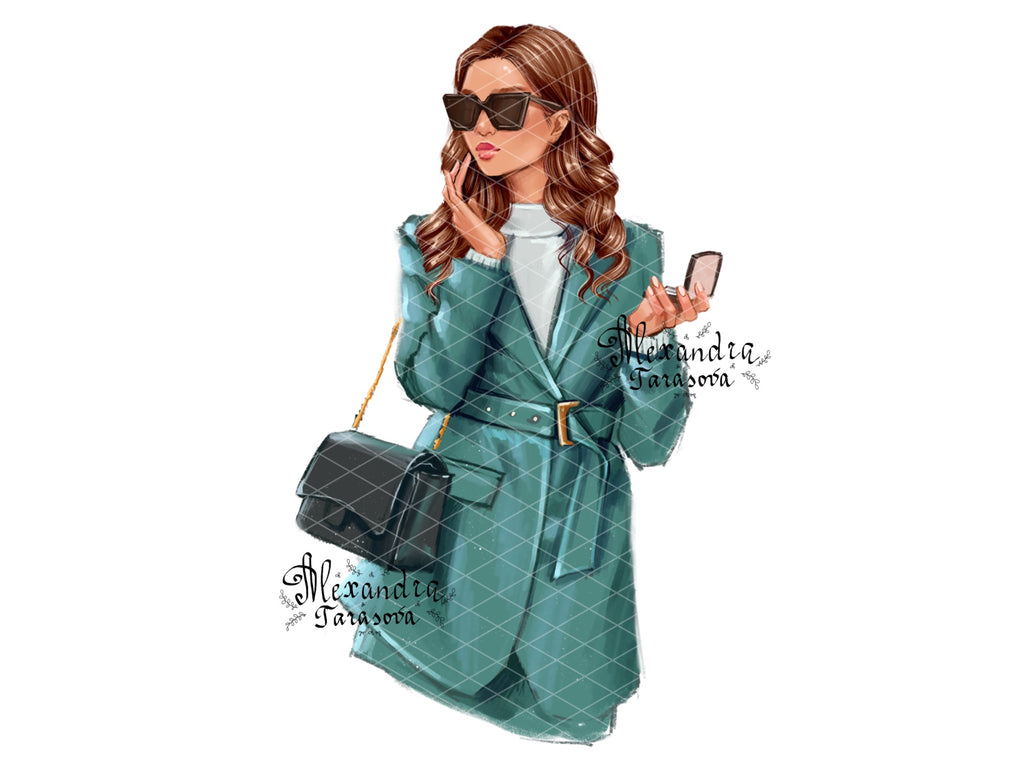 Digital Watercolor Illustration Fashion Outfit Beauty Girl Trendy Hairstyles Black Boss Woman Printable Art