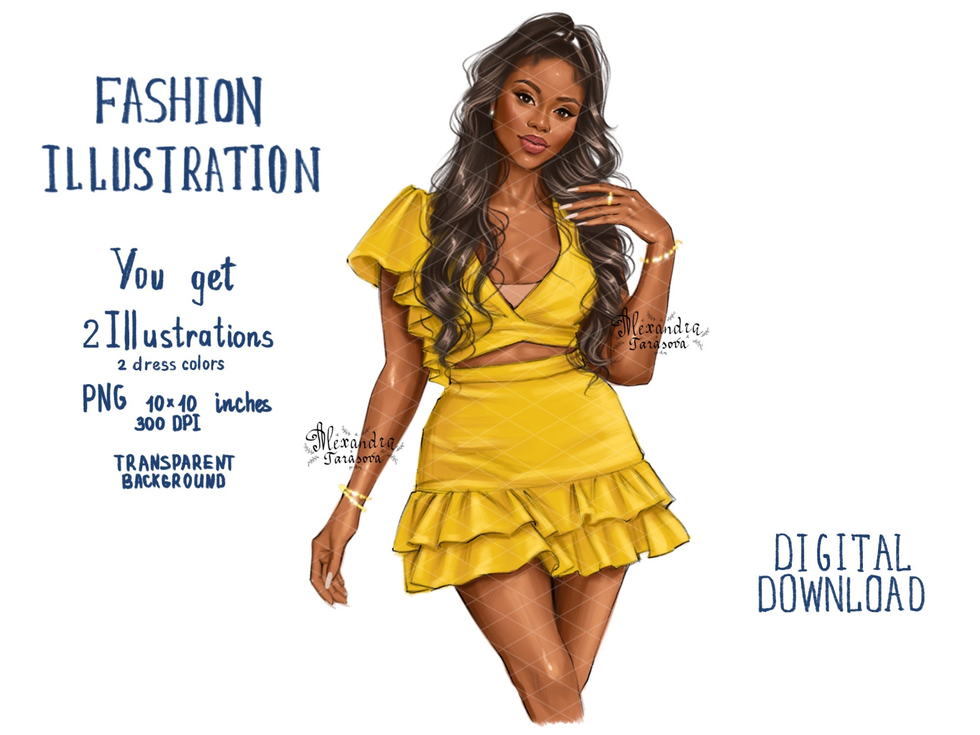 Digital Illustration Fashion African American Girl Black Woman Clipart Beautiful Dress Png Files Printable Art Drawing
