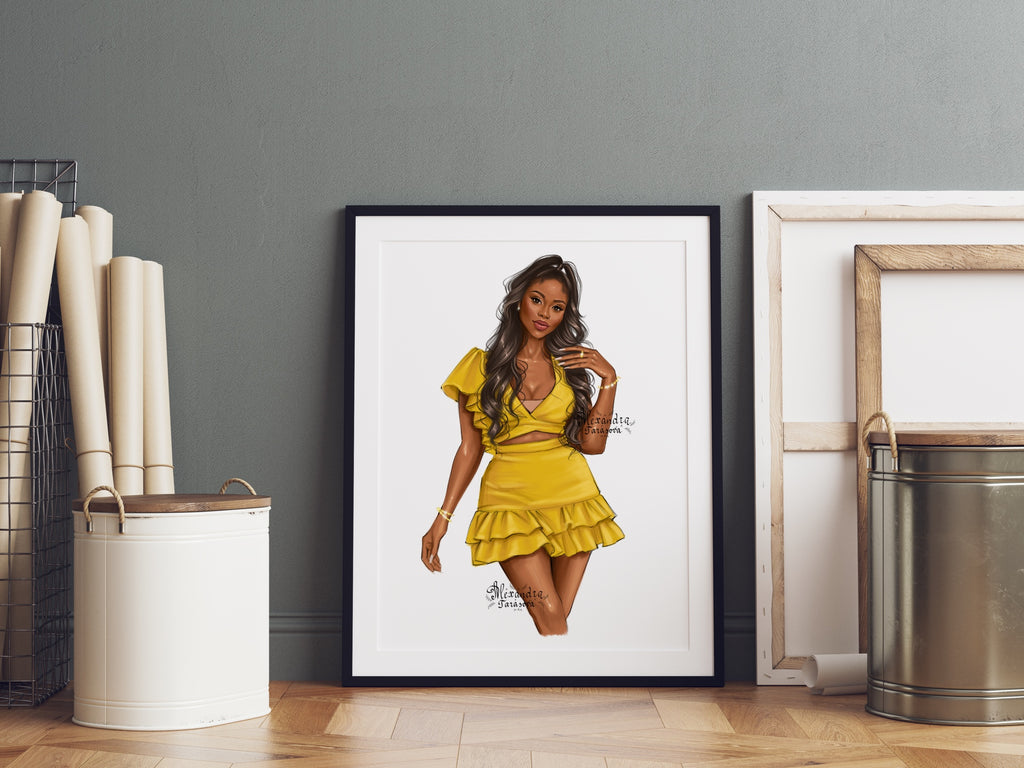 Digital Illustration Fashion African American Girl Black Woman Clipart Beautiful Dress Png Files Printable Art Drawing