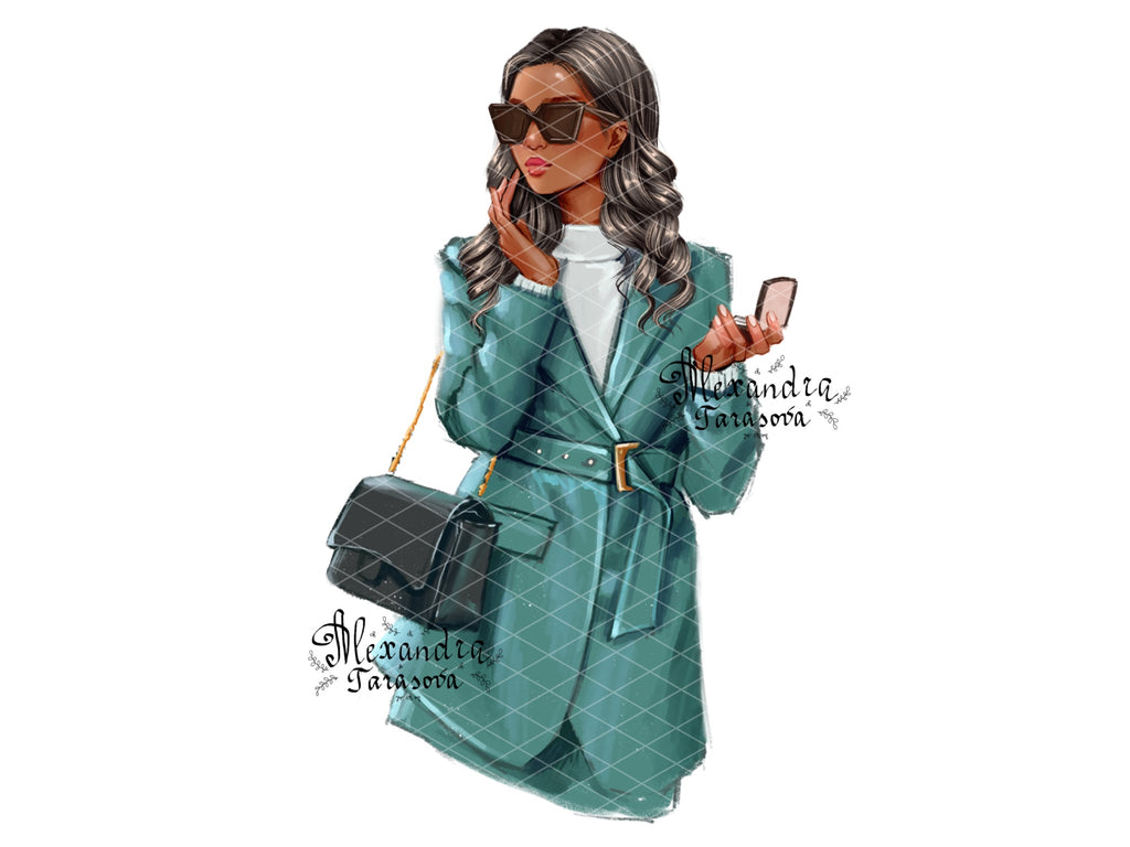 Digital Watercolor Illustration Fashion Outfit Beauty Girl Trendy Hairstyles Black Boss Woman Printable Art
