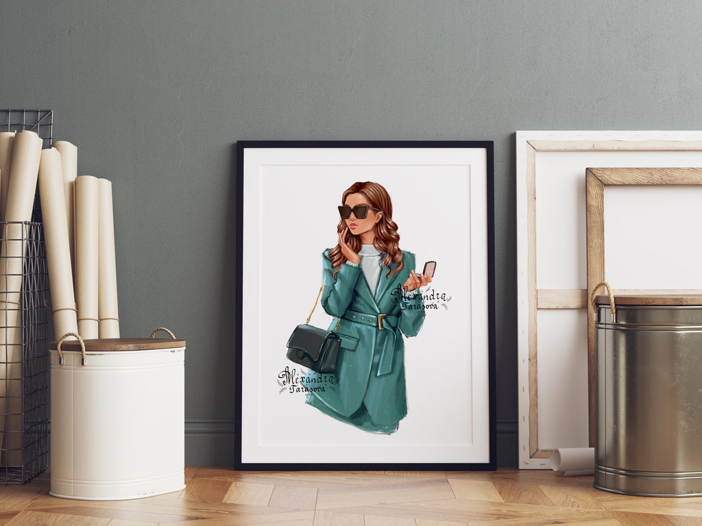 Digital Watercolor Illustration Fashion Outfit Beauty Girl Trendy Hairstyles Black Boss Woman Printable Art