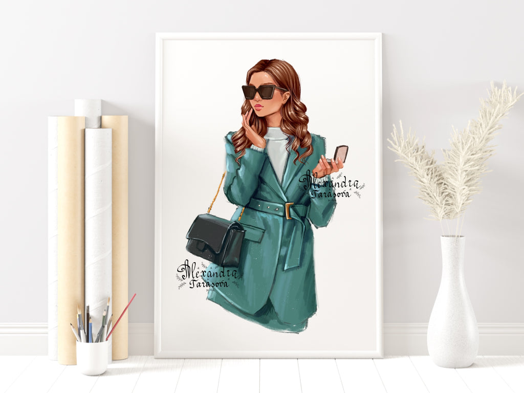 Digital Watercolor Illustration Fashion Outfit Beauty Girl Trendy Hairstyles Black Boss Woman Printable Art
