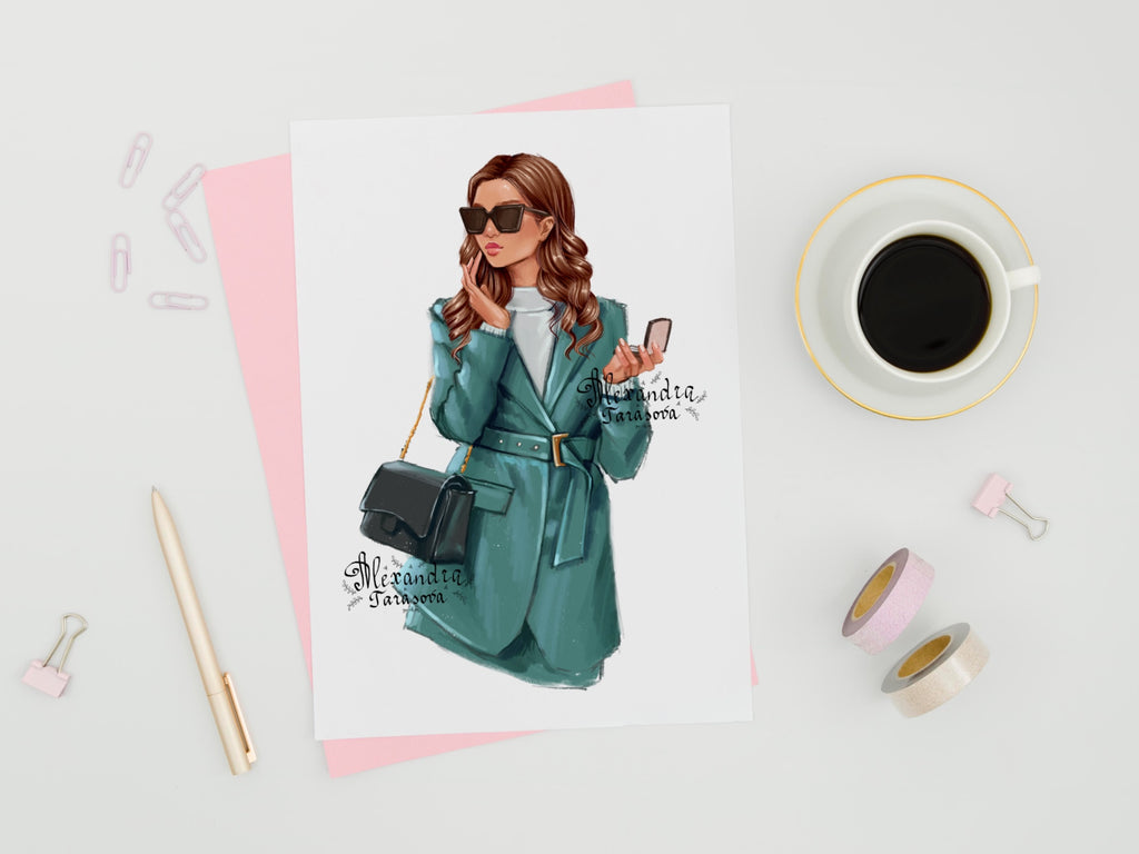 Digital Watercolor Illustration Fashion Outfit Beauty Girl Trendy Hairstyles Black Boss Woman Printable Art