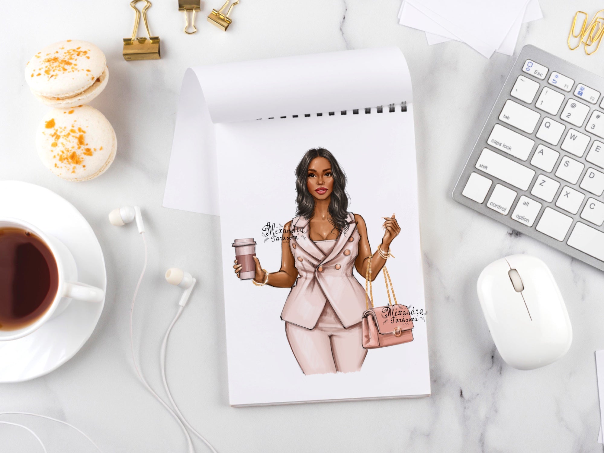 Digital Watercolor Illustration Fashion Girl African American Woman Boss Lady Coffee Cup Printable Art Drawing Picture Clipart Stickers