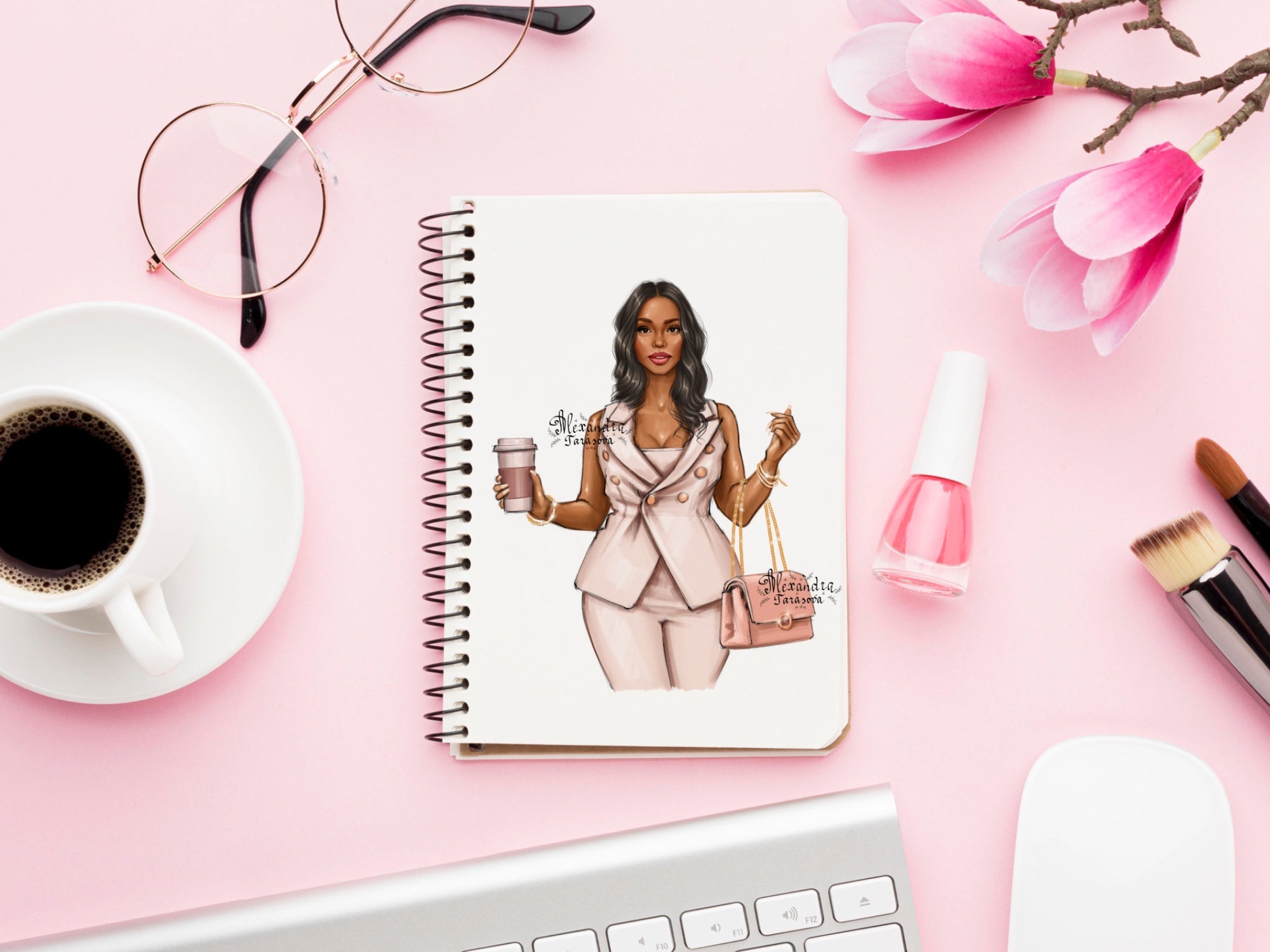 Digital Watercolor Illustration Fashion Girl African American Woman Boss Lady Coffee Cup Printable Art Drawing Picture Clipart Stickers