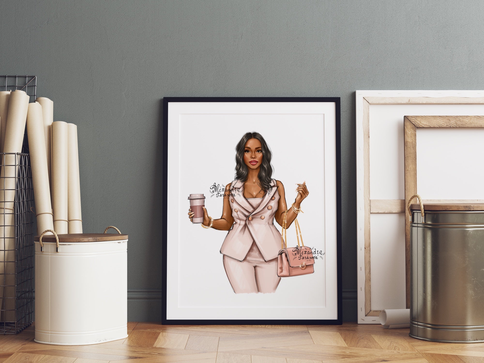Digital Watercolor Illustration Fashion Girl African American Woman Boss Lady Coffee Cup Printable Art Drawing Picture Clipart Stickers