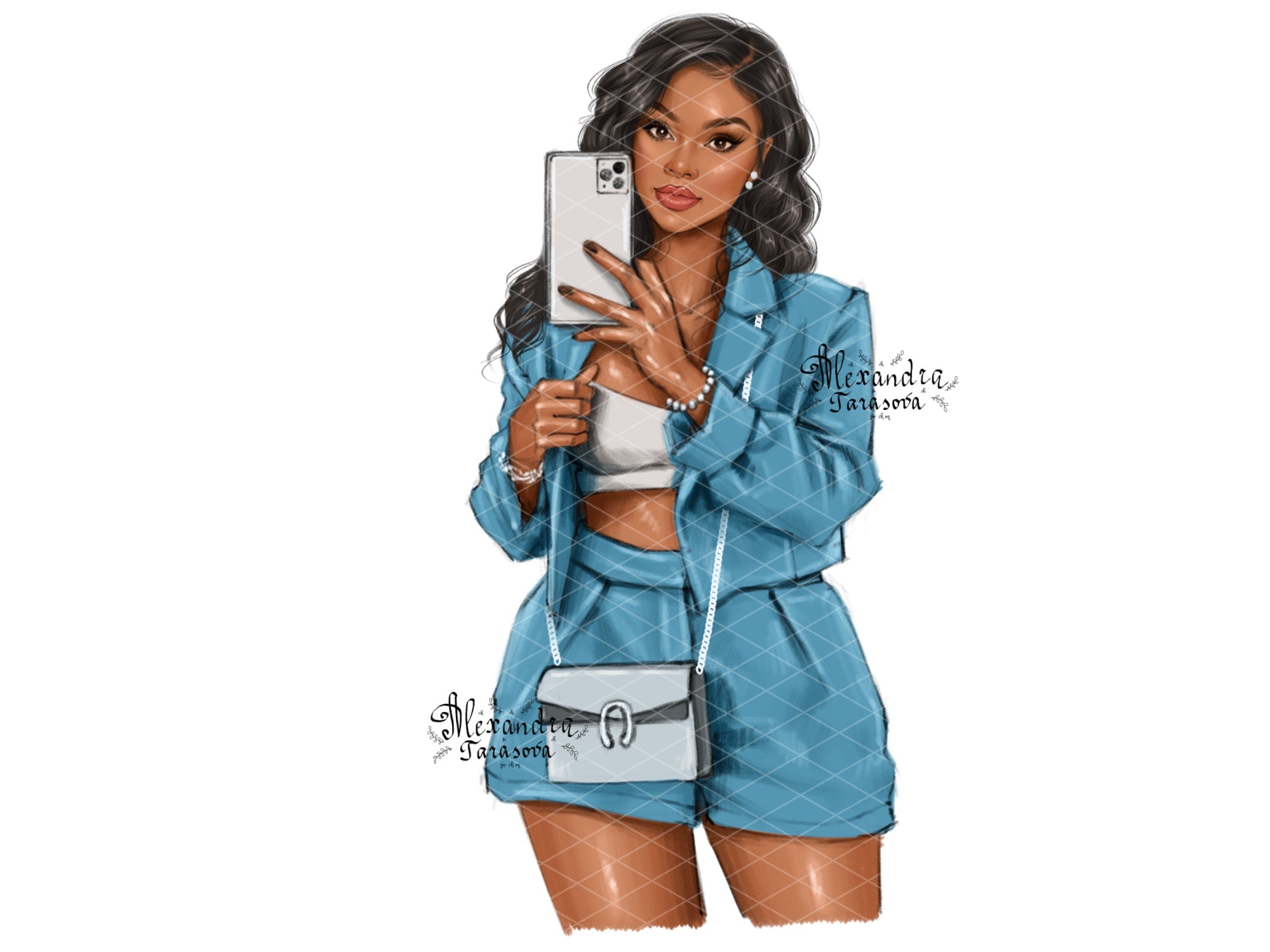 Digital Watercolor Illustration Fashion Girl Boss Lady African American Woman Trendy Hairstyles Printable Art Drawing Clipart Stickers