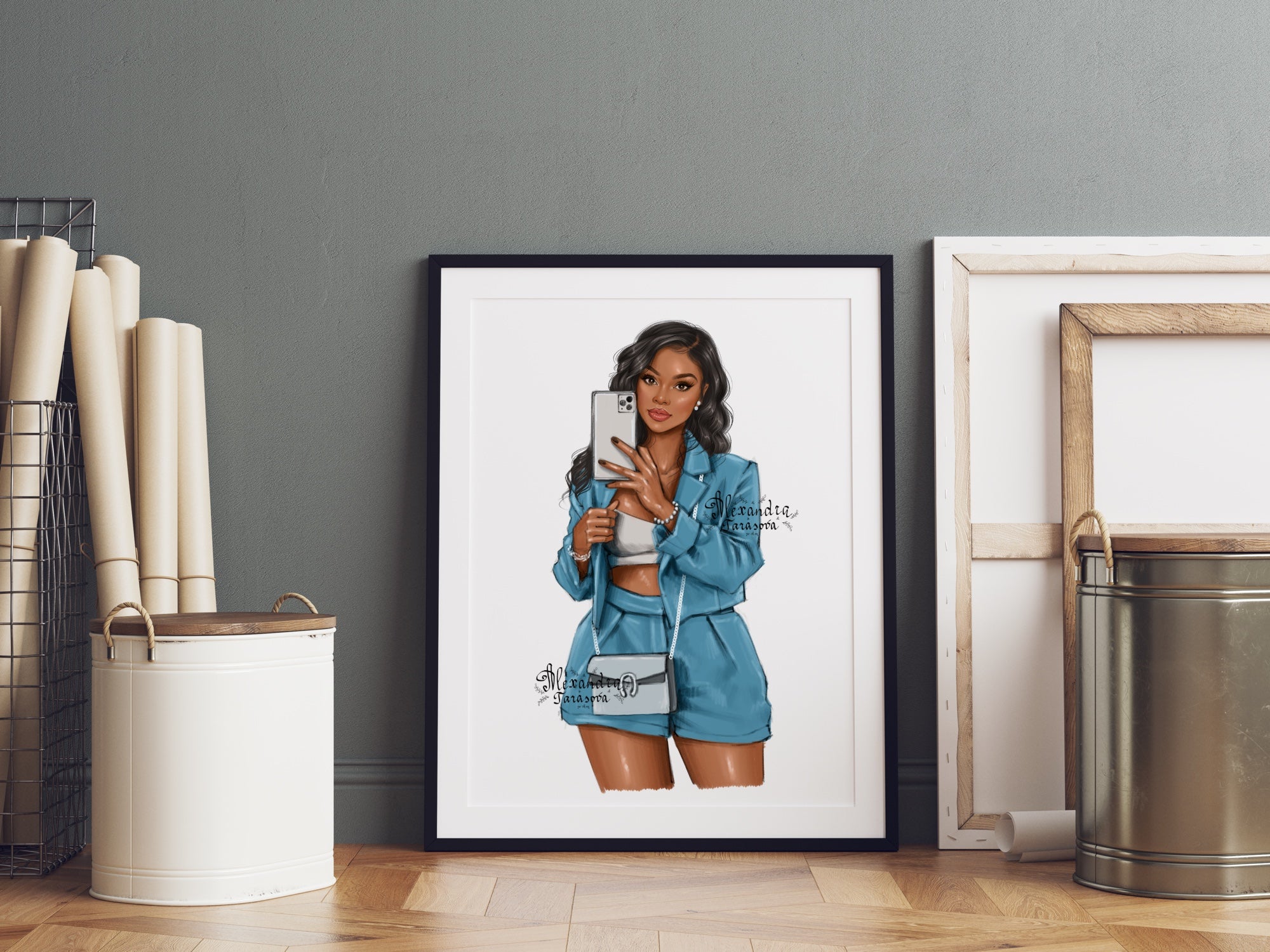 Digital Watercolor Illustration Fashion Girl Boss Lady African American Woman Trendy Hairstyles Printable Art Drawing Clipart Stickers