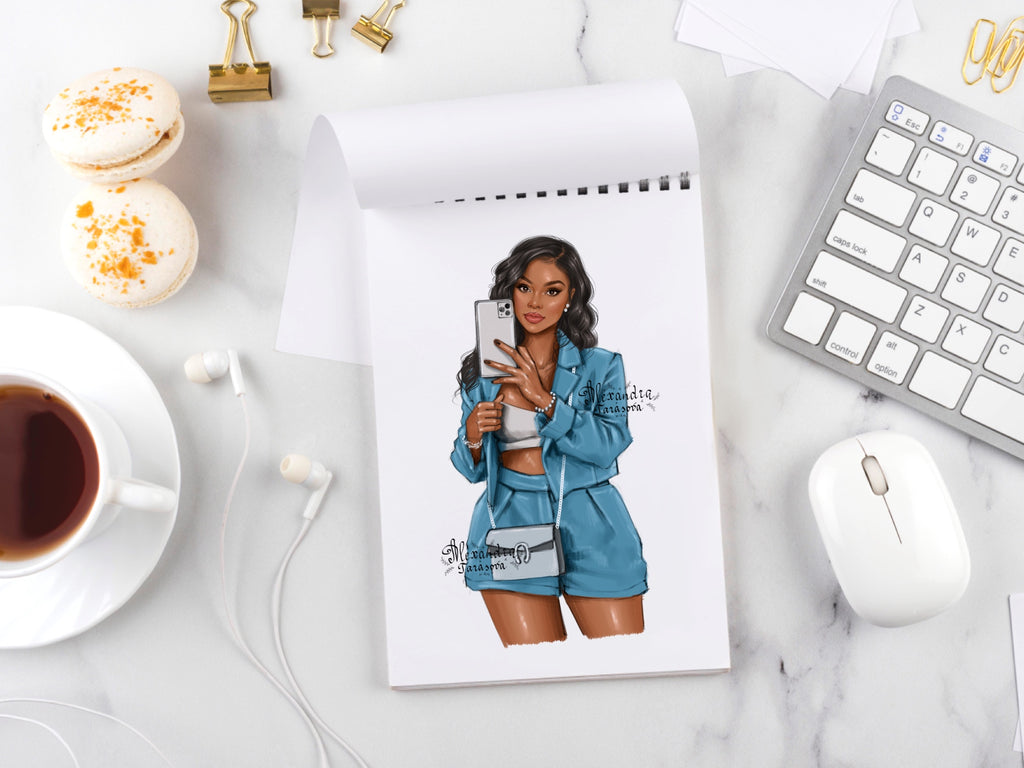 Digital Watercolor Illustration Fashion Girl Boss Lady African American Woman Trendy Hairstyles Printable Art Drawing Clipart Stickers