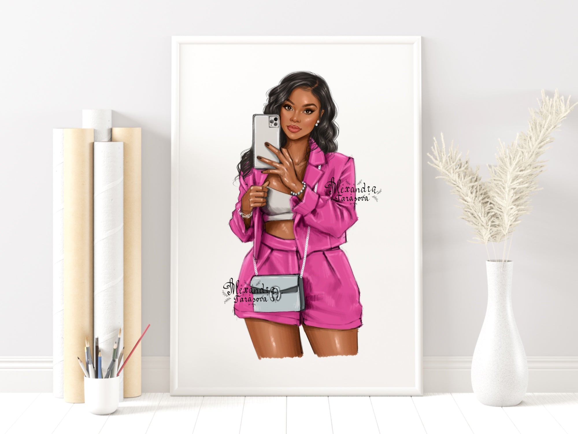 Digital Watercolor Illustration Fashion Girl Boss Lady African American Woman Trendy Hairstyles Printable Art Drawing Clipart Stickers