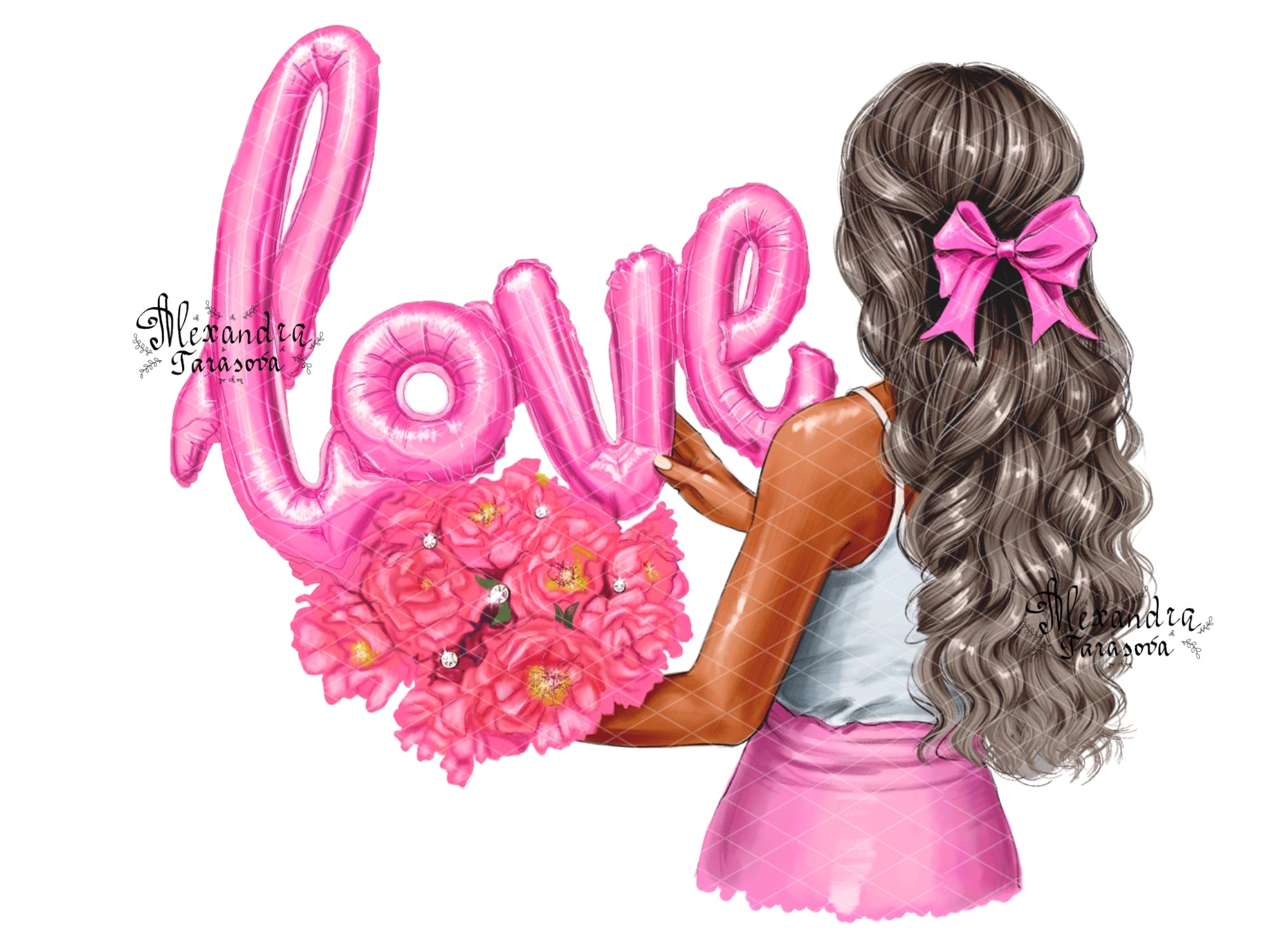 Digital Watercolor Illustration Love Drawing Trendy Hairstyles Pink Clipart Stickers Blond Brown Black Hair Printable Art