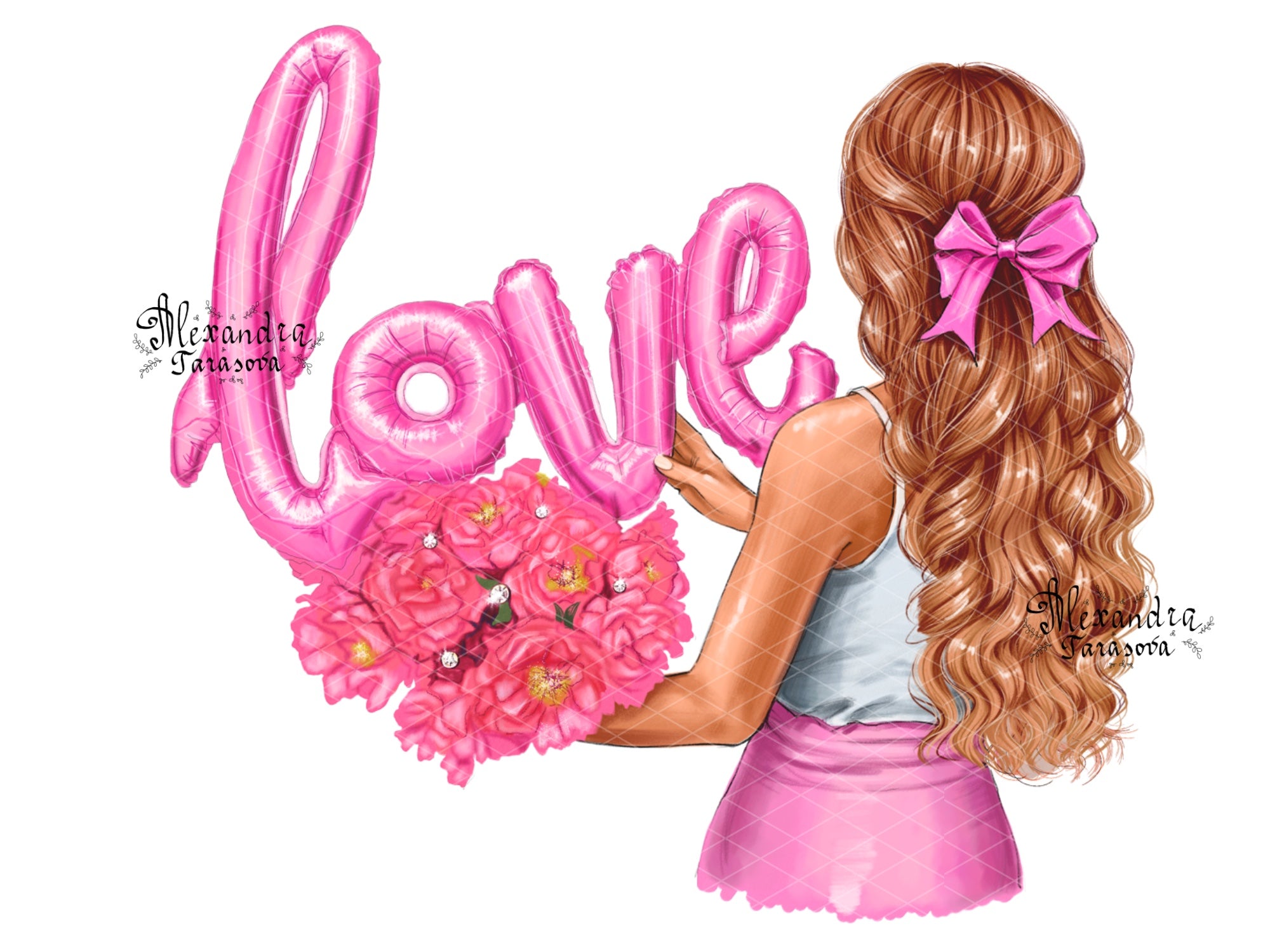Digital Watercolor Illustration Love Drawing Trendy Hairstyles Pink Clipart Stickers Blond Brown Black Hair Printable Art