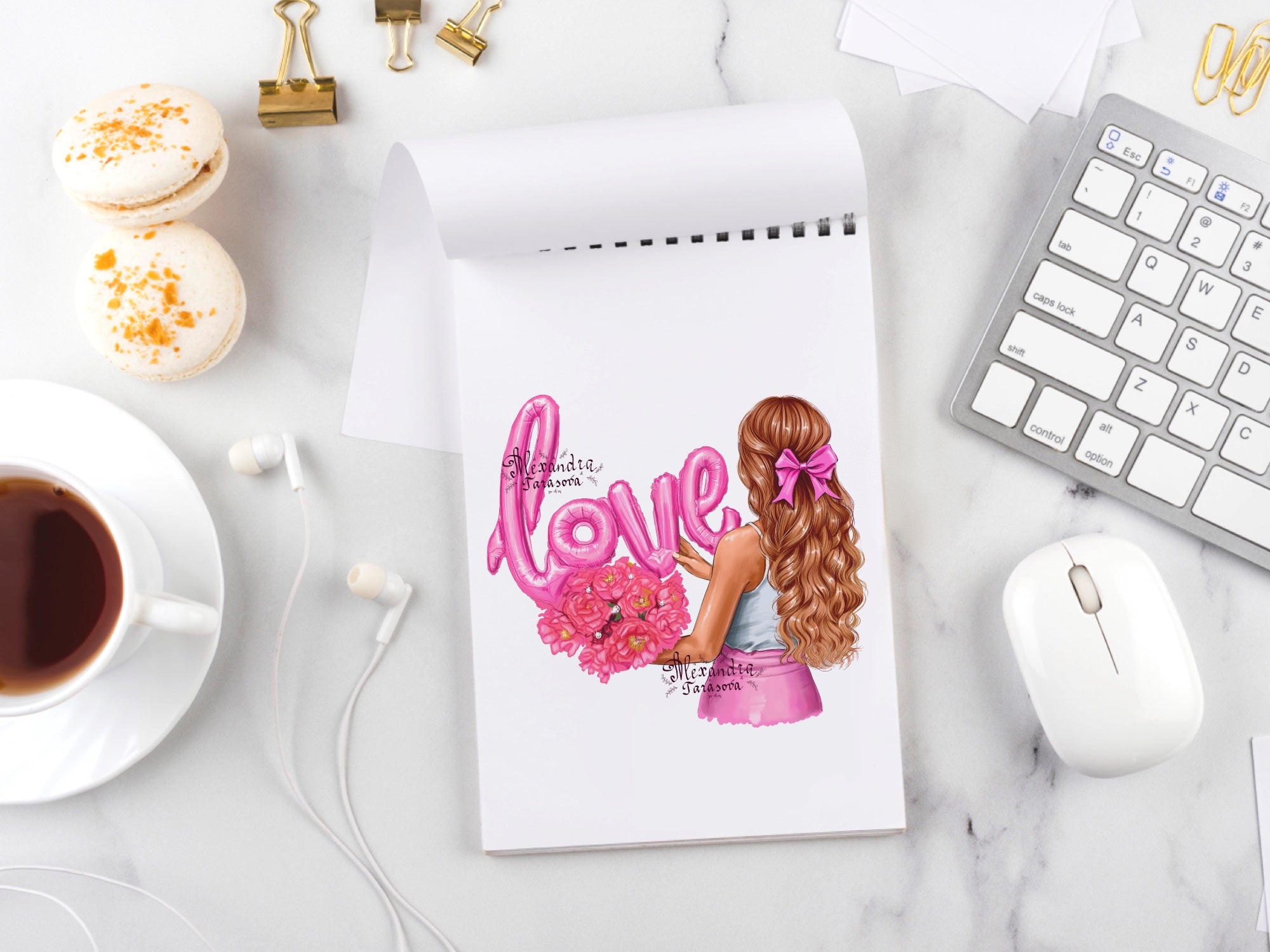 Digital Watercolor Illustration Love Drawing Trendy Hairstyles Pink Clipart Stickers Blond Brown Black Hair Printable Art