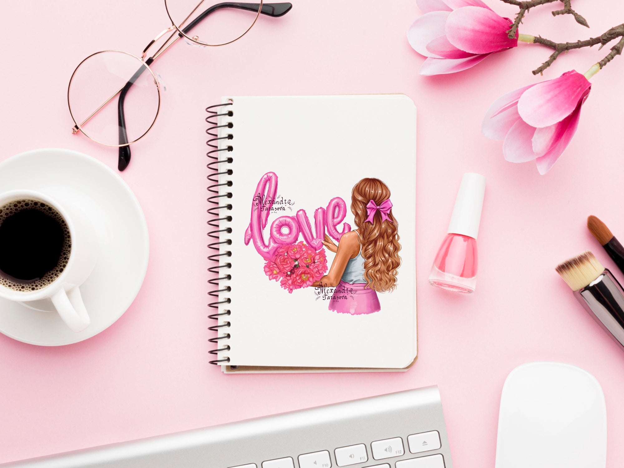 Digital Watercolor Illustration Love Drawing Trendy Hairstyles Pink Clipart Stickers Blond Brown Black Hair Printable Art