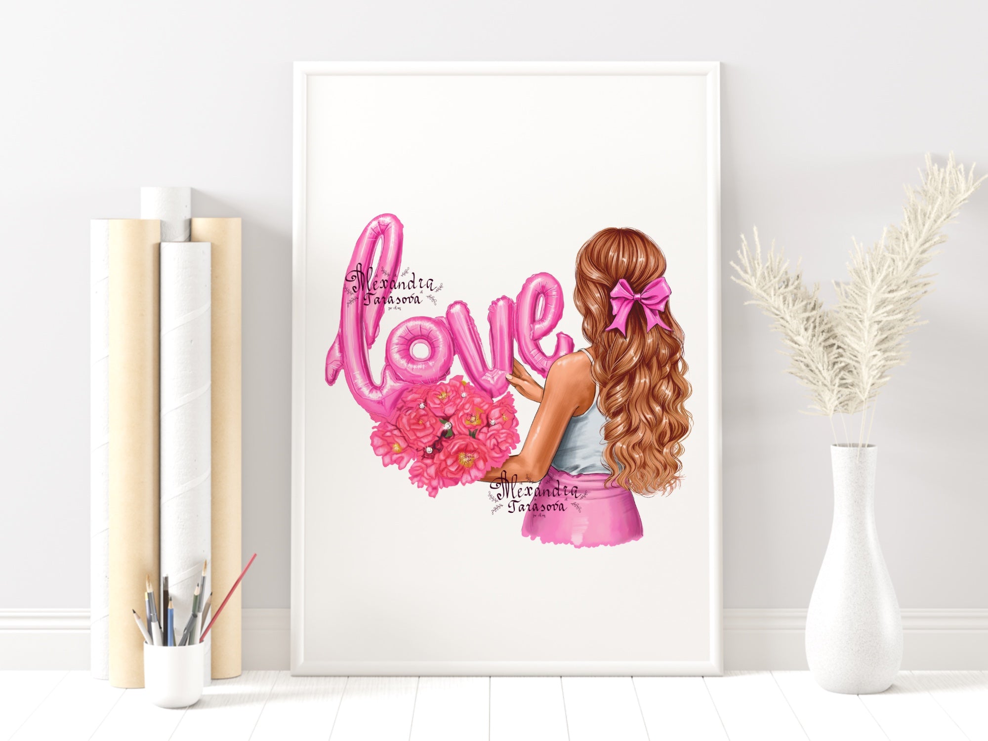 Digital Watercolor Illustration Love Drawing Trendy Hairstyles Pink Clipart Stickers Blond Brown Black Hair Printable Art