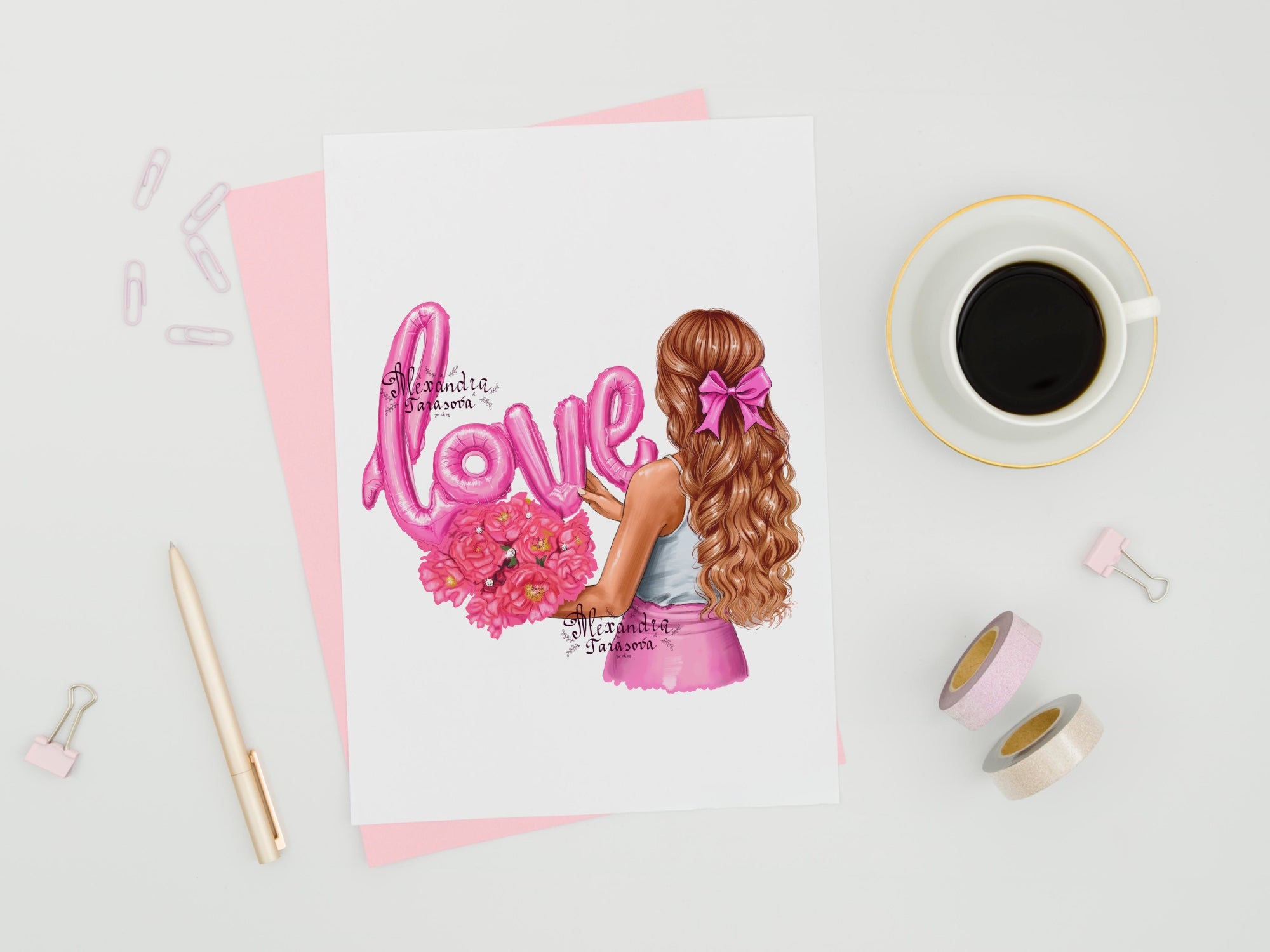 Digital Watercolor Illustration Love Drawing Trendy Hairstyles Pink Clipart Stickers Blond Brown Black Hair Printable Art