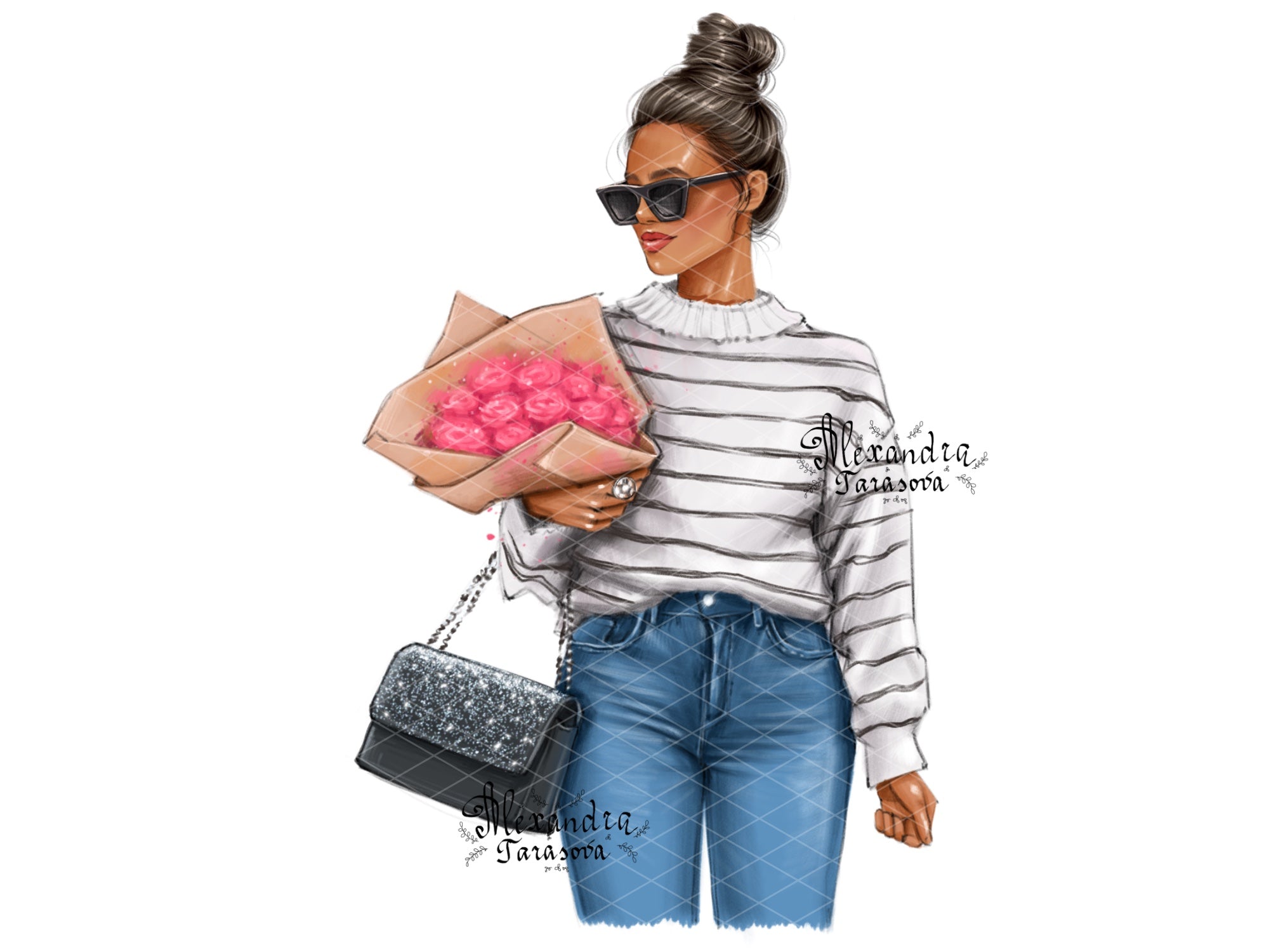 Digital Watercolor Illustration Fashion Girl Spring Holiday Clipart Stickers Pink Flowers Png Files Printable Art African American Girl