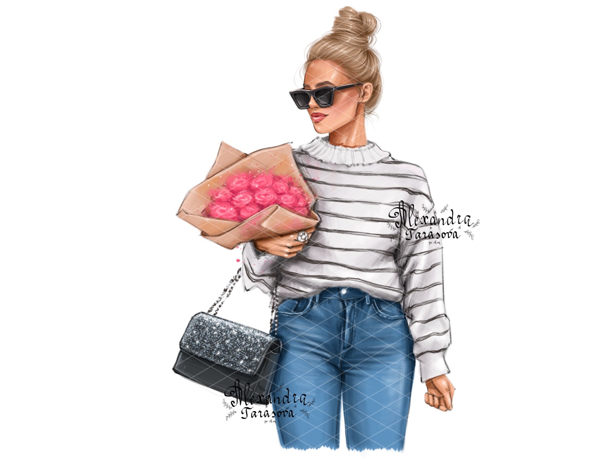 Digital Watercolor Illustration Fashion Girl Spring Holiday Clipart Stickers Pink Flowers Png Files Printable Art African American Girl