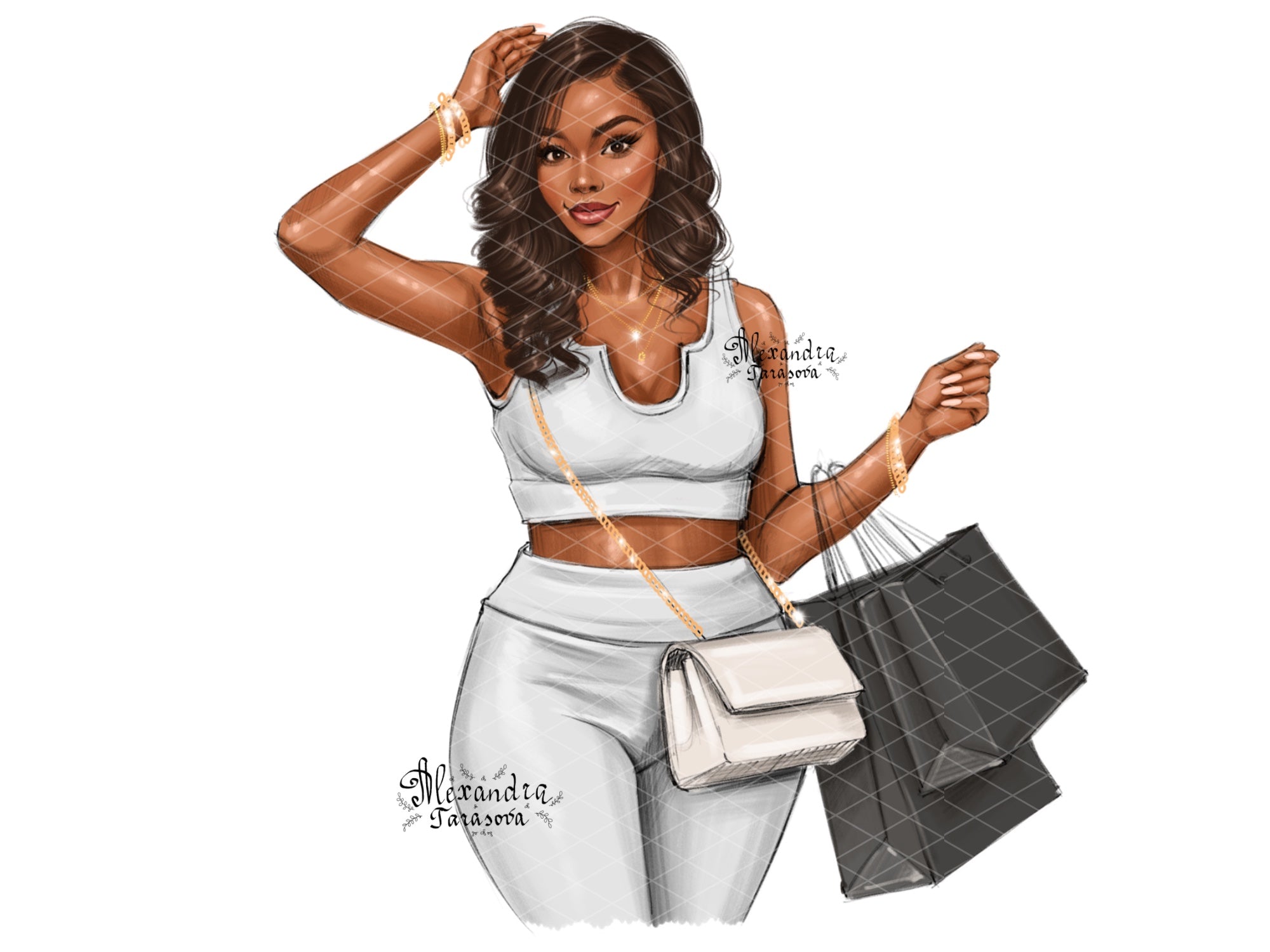 Digital Watercolor Illustration African American Woman Shopping Bags Black Girl Clipart Printable Art Drawing Sketch