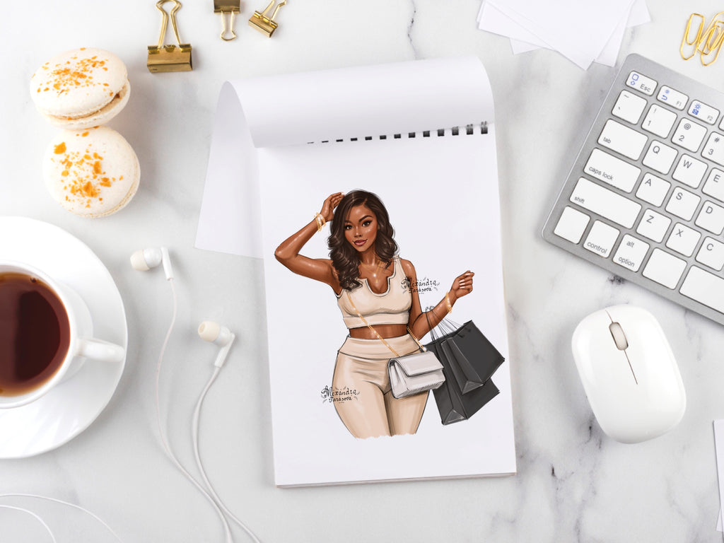 Digital Watercolor Illustration African American Woman Shopping Bags Black Girl Clipart Printable Art Drawing Sketch