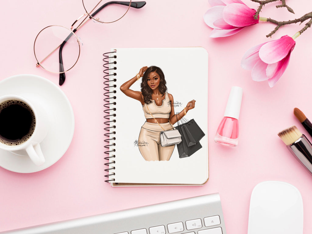 Digital Watercolor Illustration African American Woman Shopping Bags Black Girl Clipart Printable Art Drawing Sketch