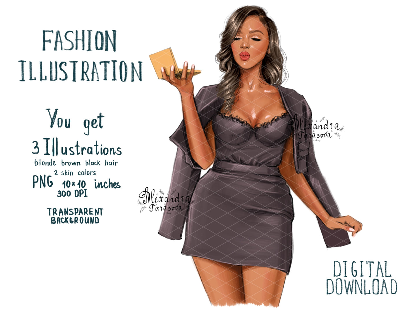 Digital Watercolor Illustration Fashion African American Girl Black Dress Black Girl Clipart Digital Download Printable Art Drawing Sketch