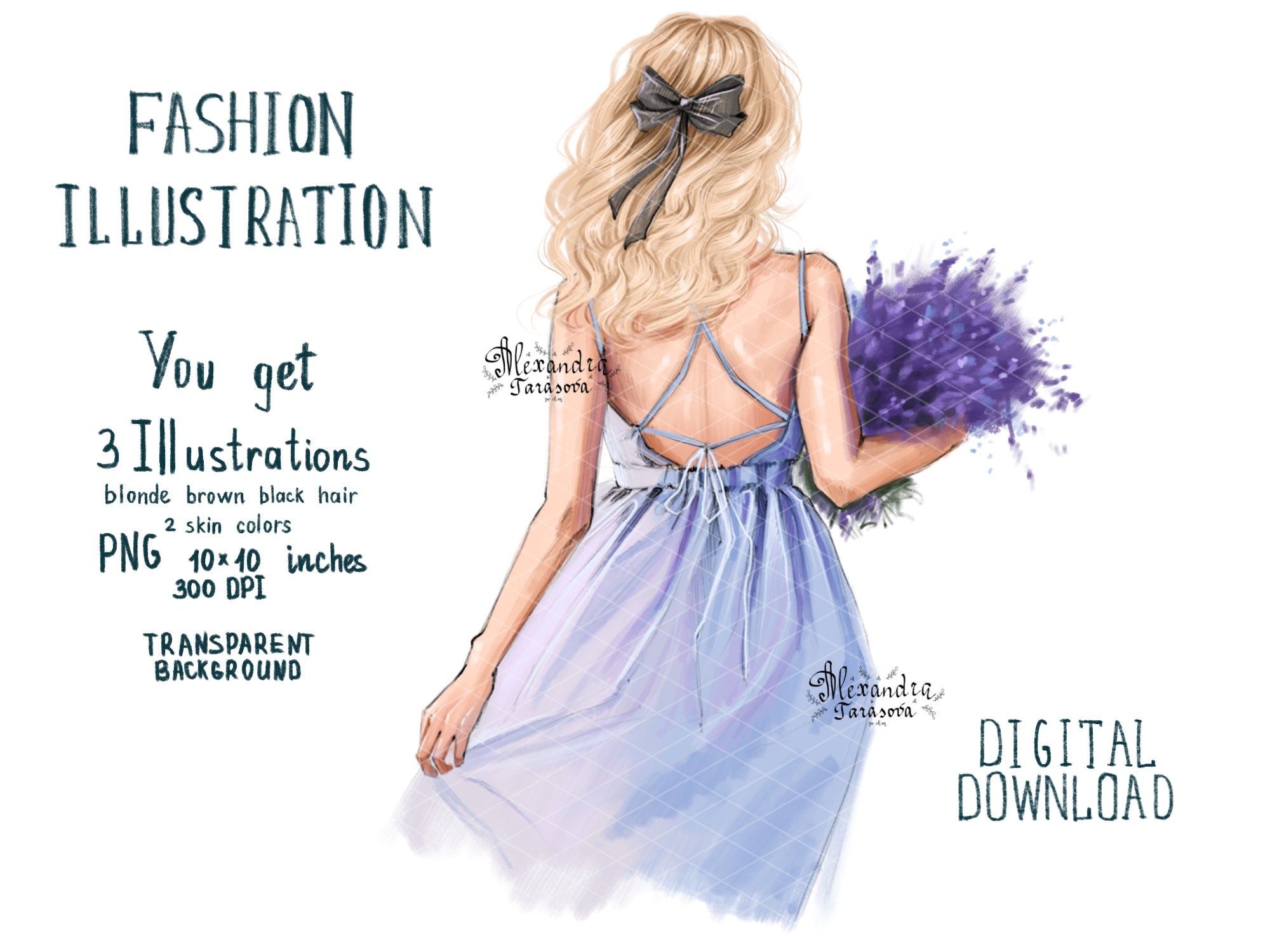 Digital Watercolor Illustration Fashion Girl Blue Dress Summer Holiday Lavender Flowers Printable Art Clipart Stickers Dawing Sketch