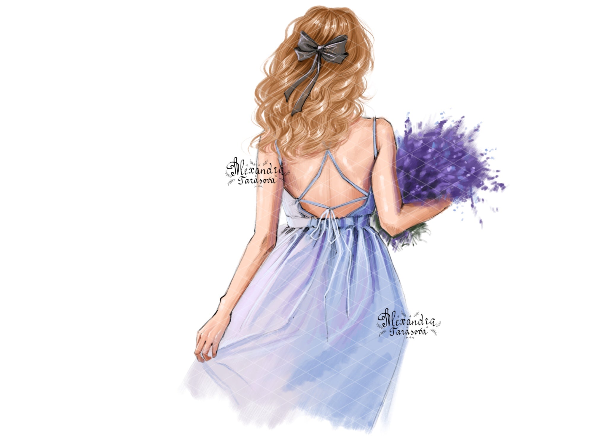 Digital Watercolor Illustration Fashion Girl Blue Dress Summer Holiday Lavender Flowers Printable Art Clipart Stickers Dawing Sketch