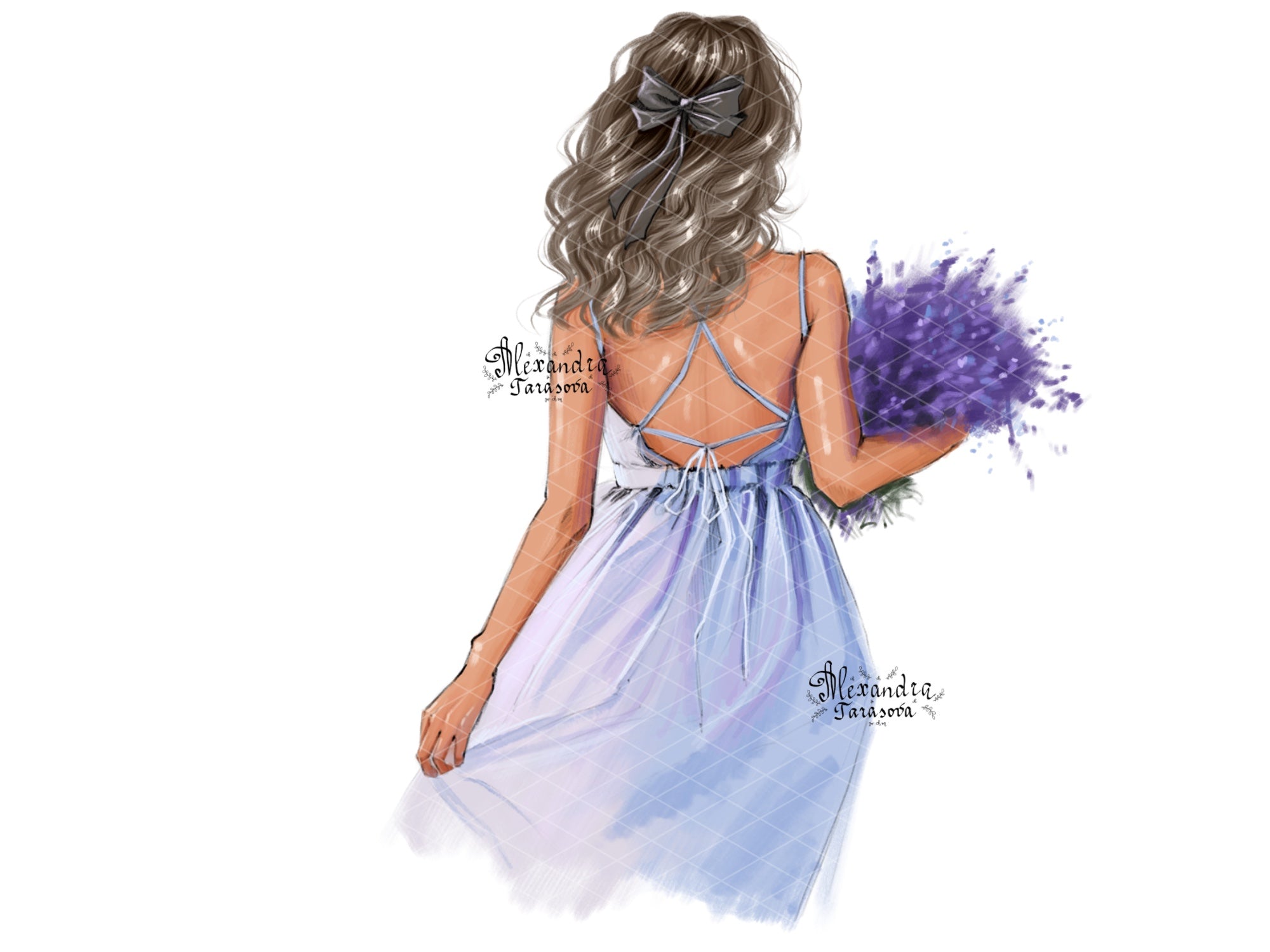 Digital Watercolor Illustration Fashion Girl Blue Dress Summer Holiday Lavender Flowers Printable Art Clipart Stickers Dawing Sketch