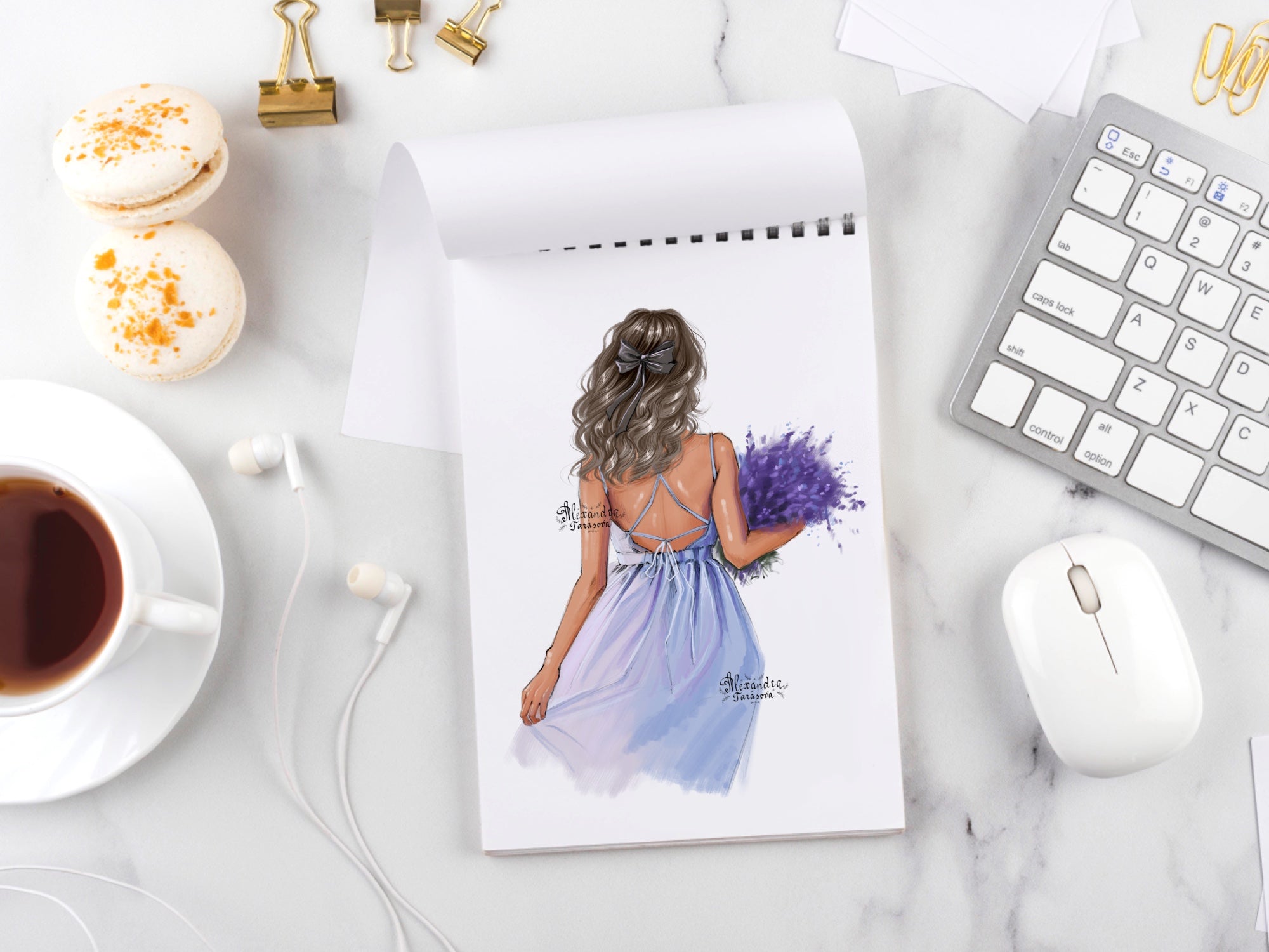 Digital Watercolor Illustration Fashion Girl Blue Dress Summer Holiday Lavender Flowers Printable Art Clipart Stickers Dawing Sketch