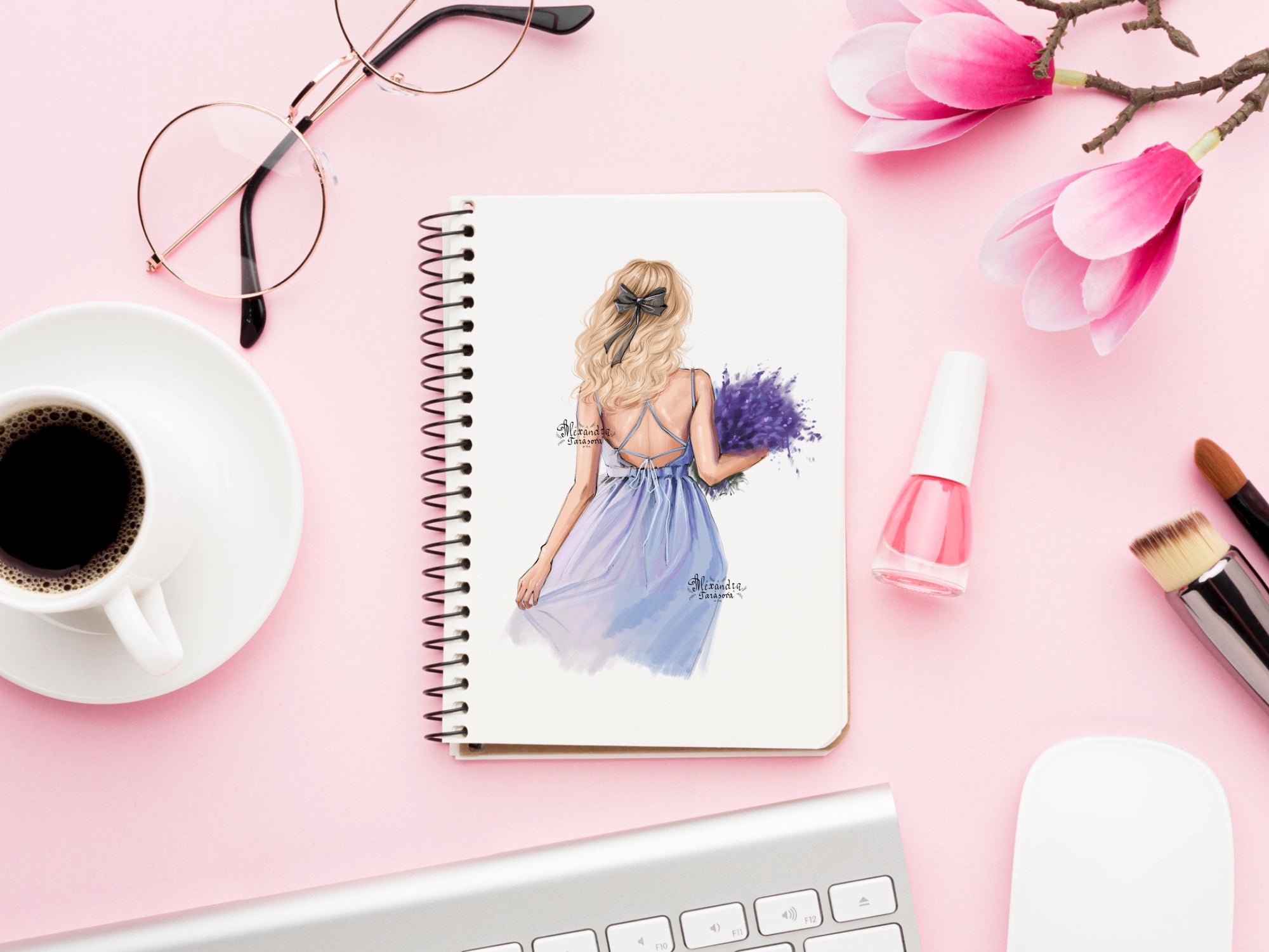Digital Watercolor Illustration Fashion Girl Blue Dress Summer Holiday Lavender Flowers Printable Art Clipart Stickers Dawing Sketch