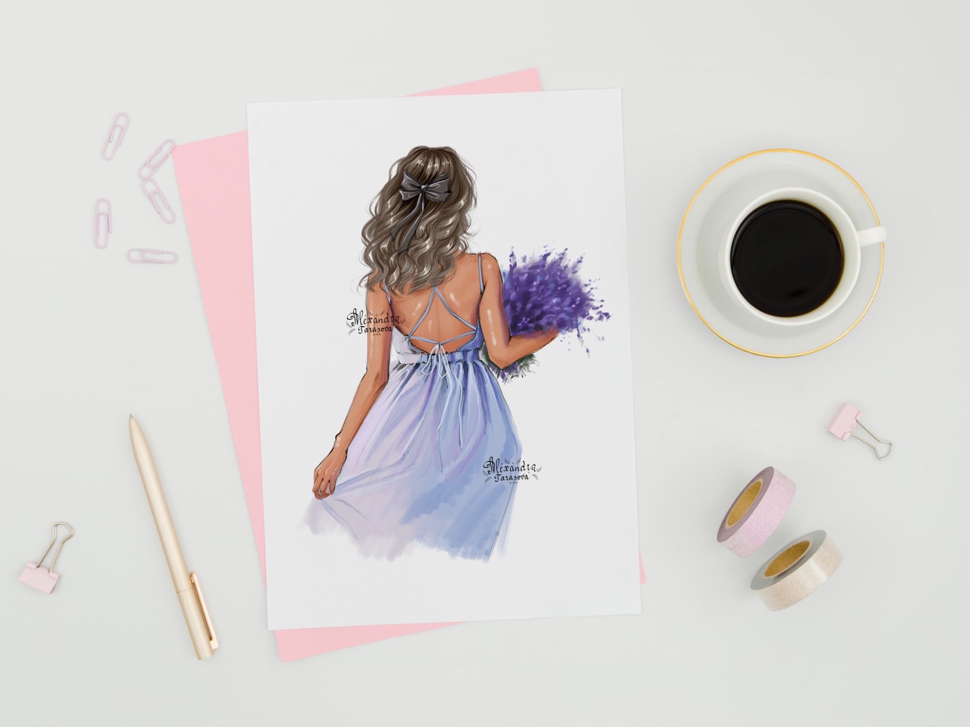 Digital Watercolor Illustration Fashion Girl Blue Dress Summer Holiday Lavender Flowers Printable Art Clipart Stickers Dawing Sketch