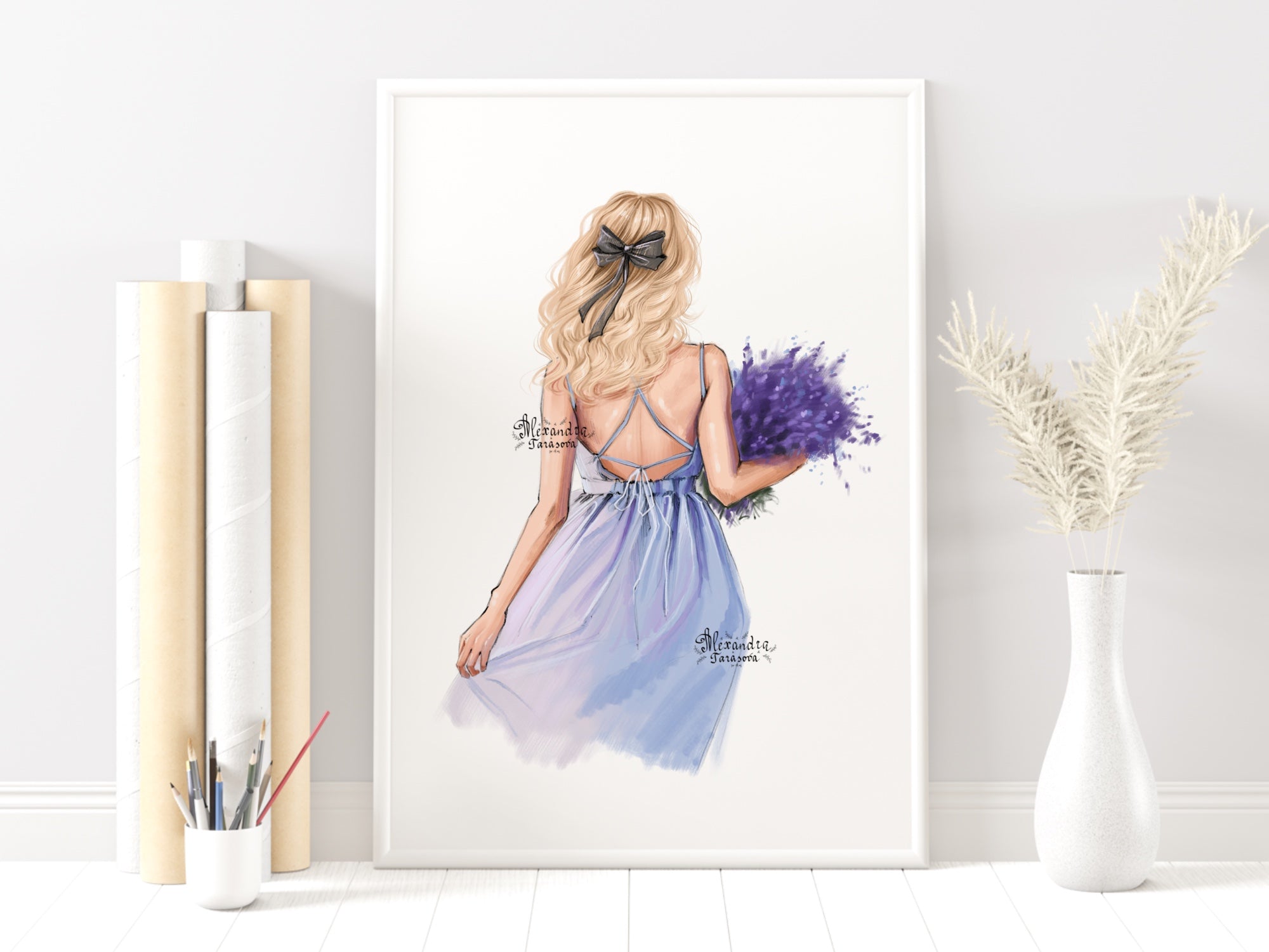 Digital Watercolor Illustration Fashion Girl Blue Dress Summer Holiday Lavender Flowers Printable Art Clipart Stickers Dawing Sketch