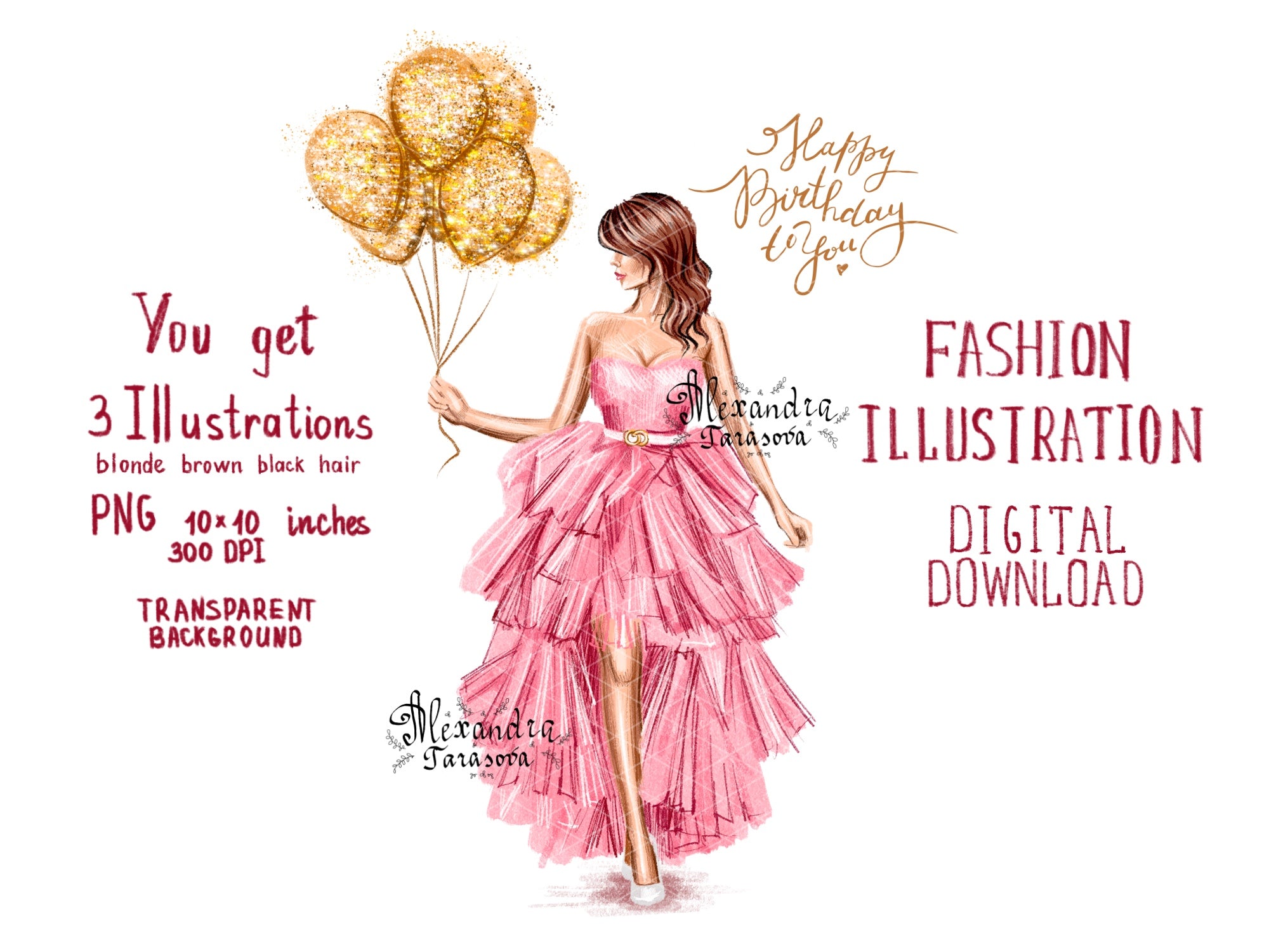 Digital Illustration Birthday Girl Trendy Hairstyles Stylish Pink Dress Watercolor Painting Printable Art