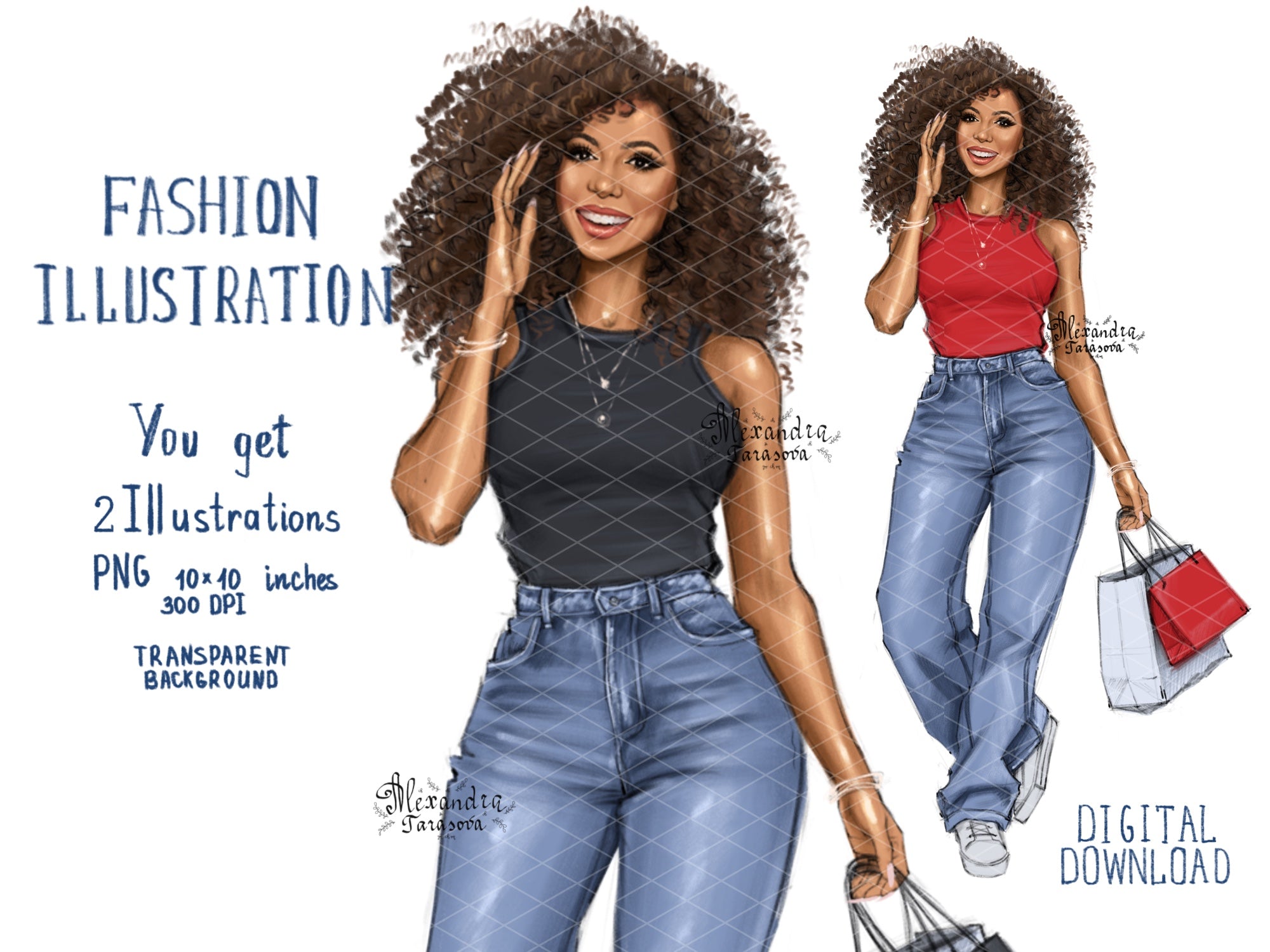 Digital Watercolor Illustration Fashion Girl African American Girl Black Girl Clipart Curly Stylish Hair Printable Art Digital Stickers Png