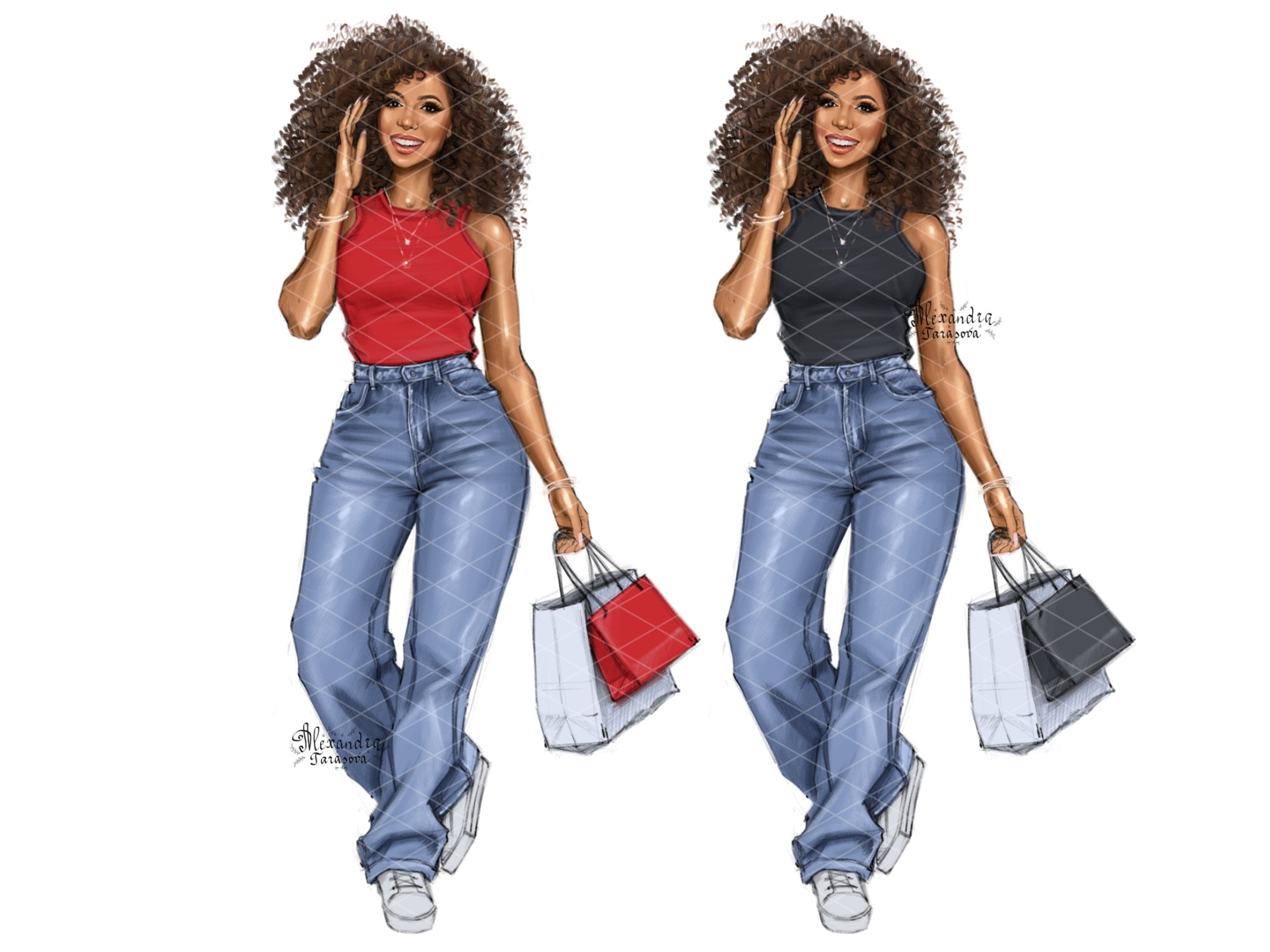 Digital Watercolor Illustration Fashion Girl African American Girl Black Girl Clipart Curly Stylish Hair Printable Art Digital Stickers Png
