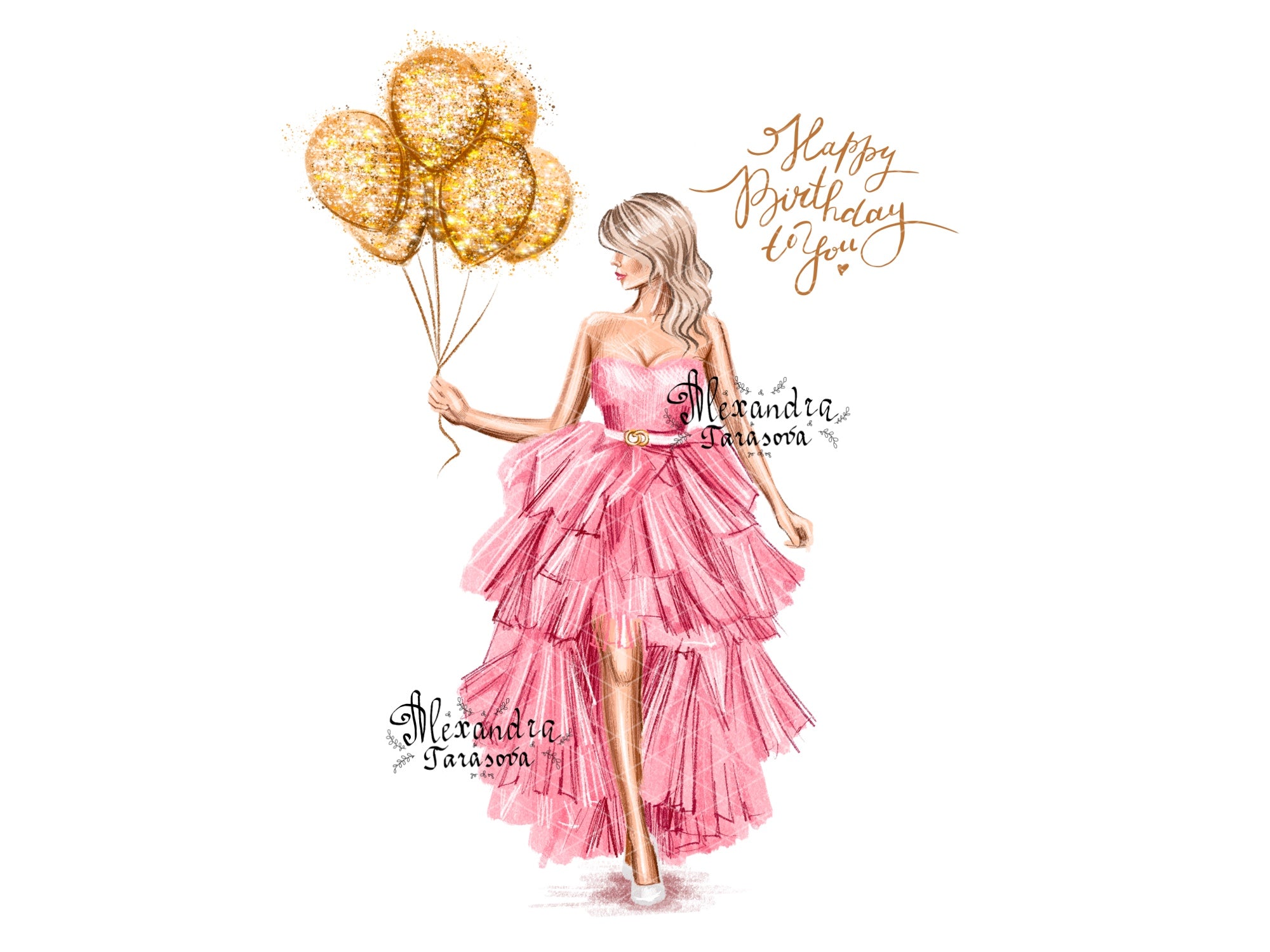 Digital Illustration Birthday Girl Trendy Hairstyles Stylish Pink Dress Watercolor Painting Printable Art