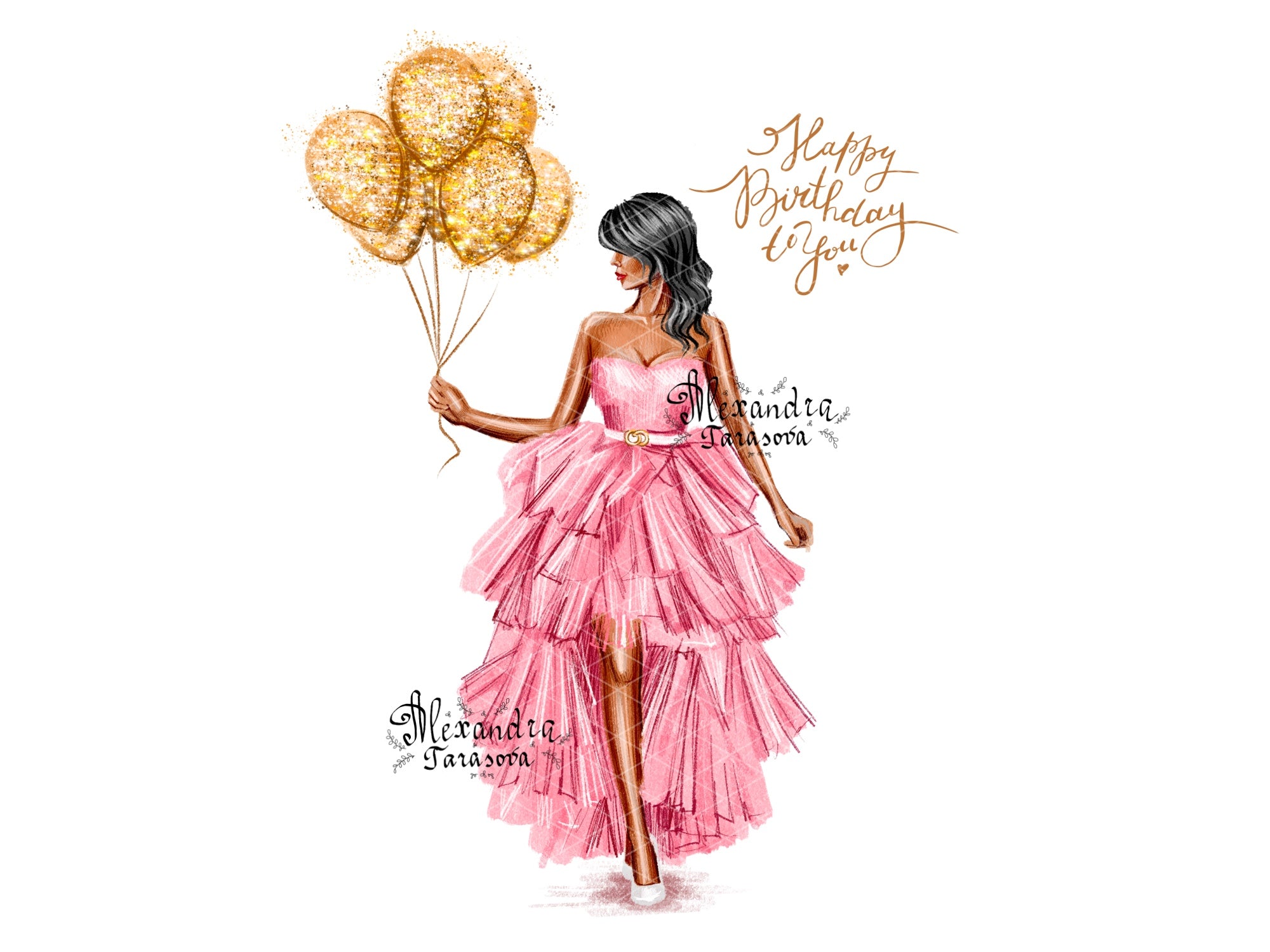 Digital Illustration Birthday Girl Trendy Hairstyles Stylish Pink Dress Watercolor Painting Printable Art