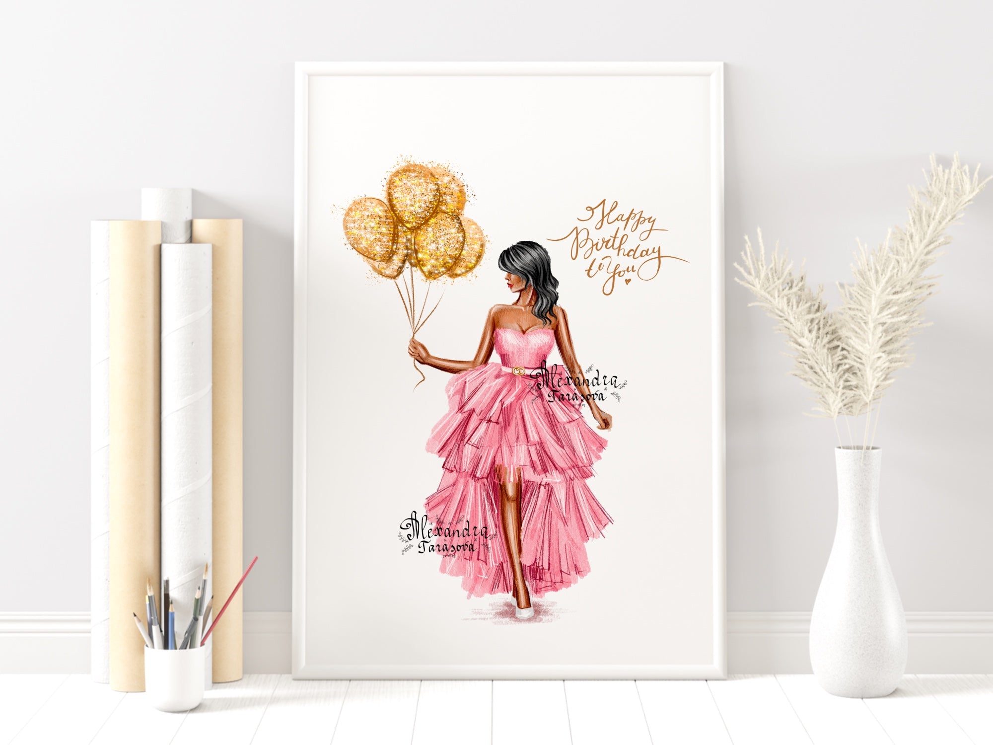 Digital Illustration Birthday Girl Trendy Hairstyles Stylish Pink Dress Watercolor Painting Printable Art