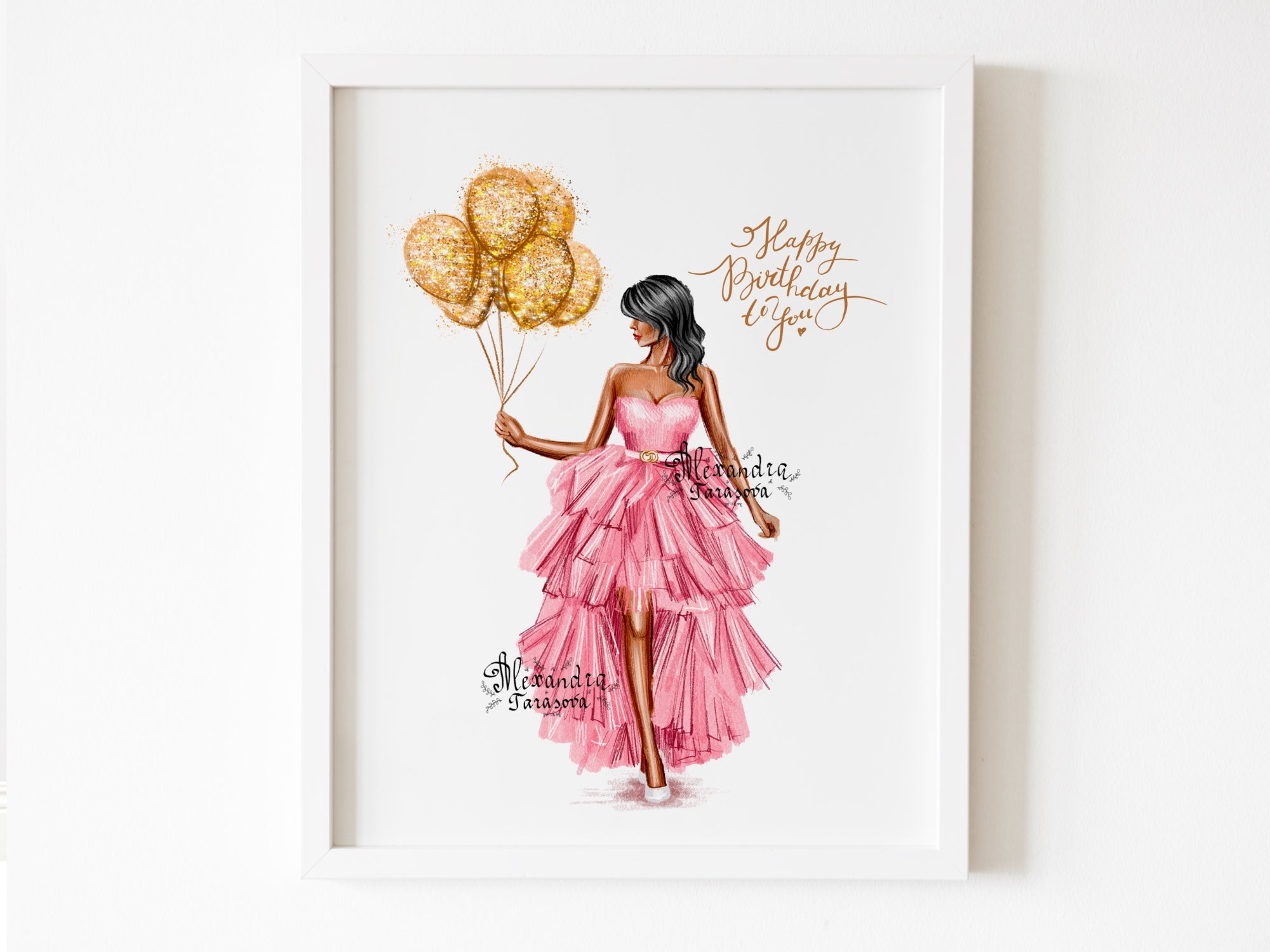 Digital Illustration Birthday Girl Trendy Hairstyles Stylish Pink Dress Watercolor Painting Printable Art