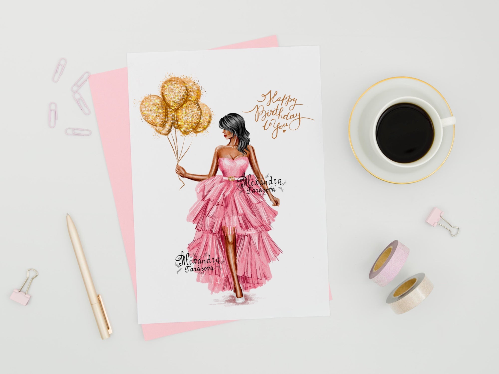 Digital Illustration Birthday Girl Trendy Hairstyles Stylish Pink Dress Watercolor Painting Printable Art