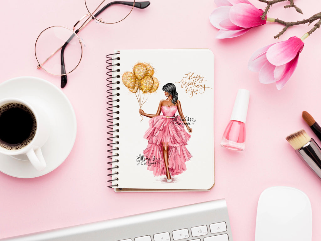 Digital Illustration Birthday Girl Trendy Hairstyles Stylish Pink Dress Watercolor Painting Printable Art