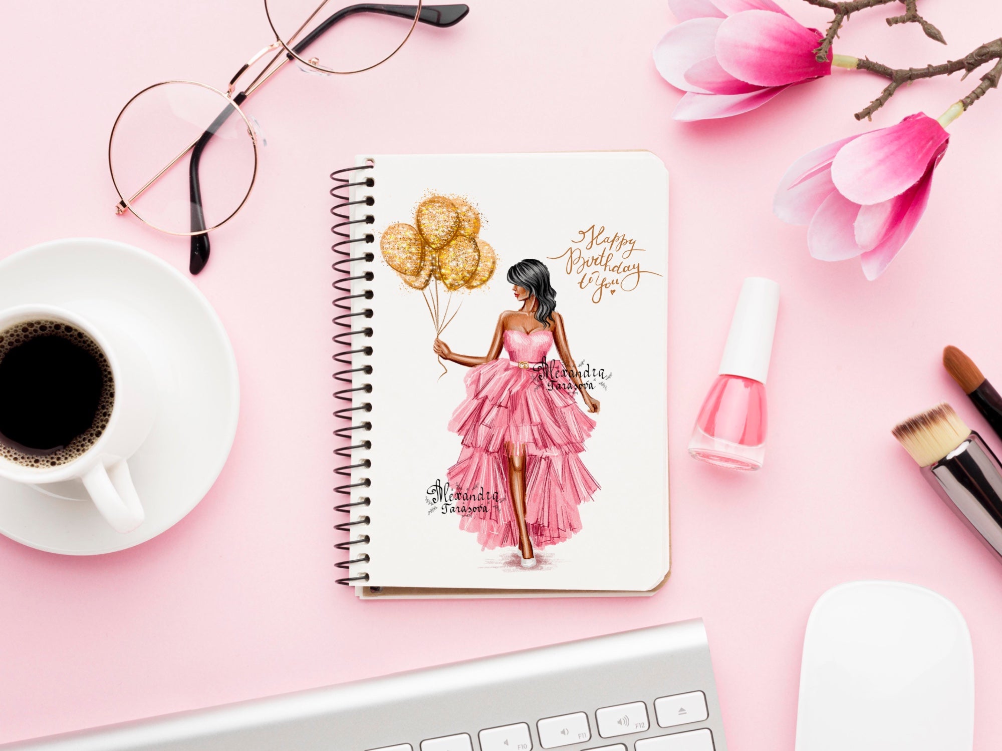 Digital Illustration Birthday Girl Trendy Hairstyles Stylish Pink Dress Watercolor Painting Printable Art
