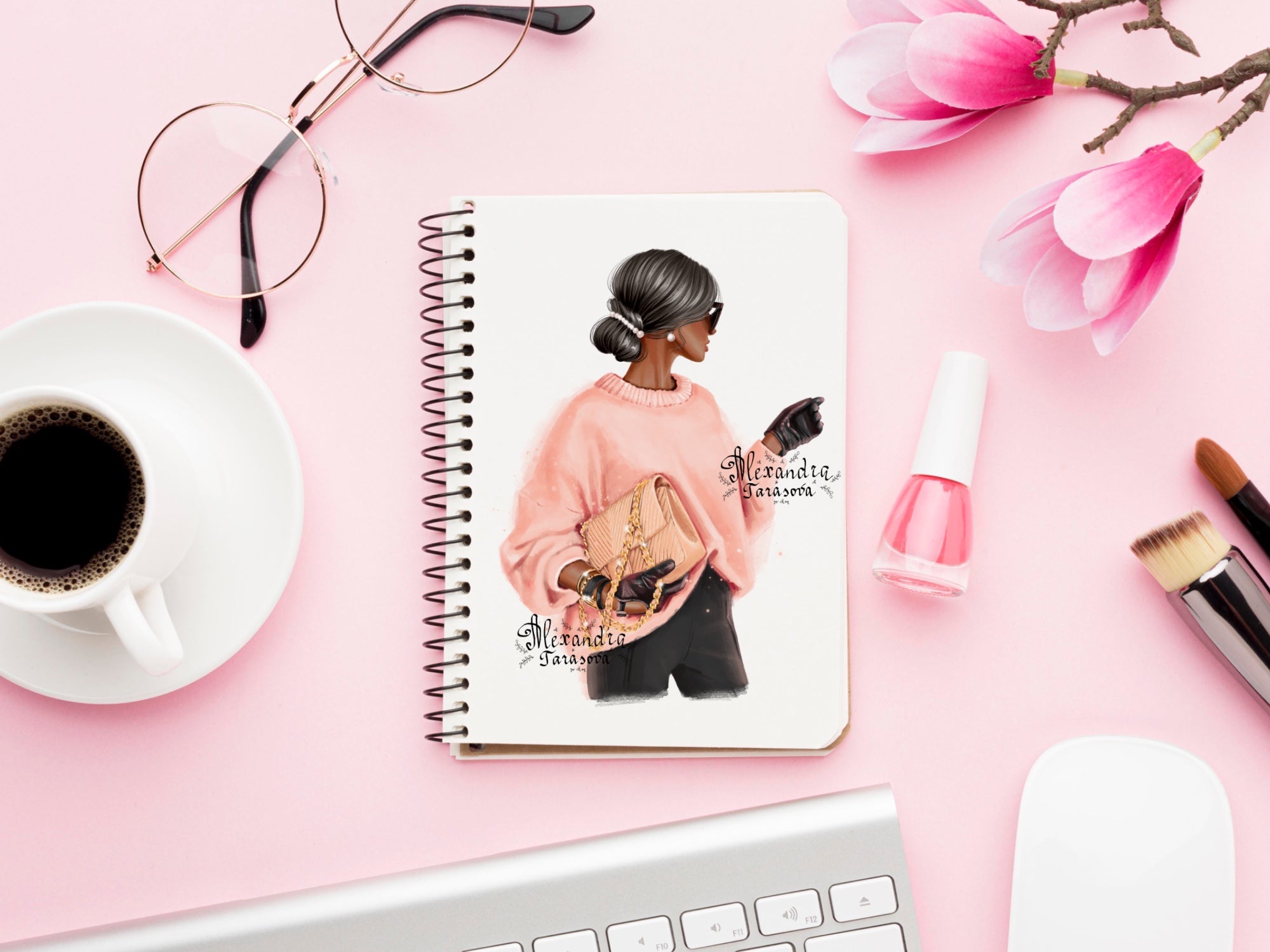 Digital Watercolor Illustration Fashion Girl Trendy Hairstyles Bun Pink Sweater Stylish Bag Painting Printable Art