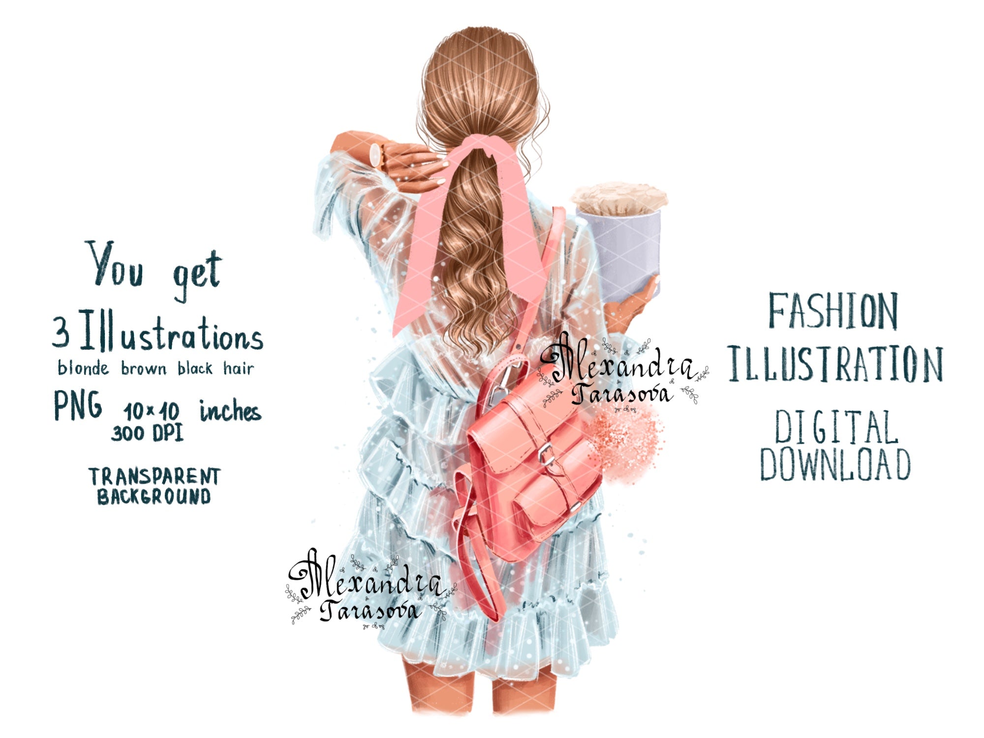 Digital Watercolor Illustration Fashion Girl Trendy Hairstyles Ponytail Stylish Blue Dress Painting Printable Art