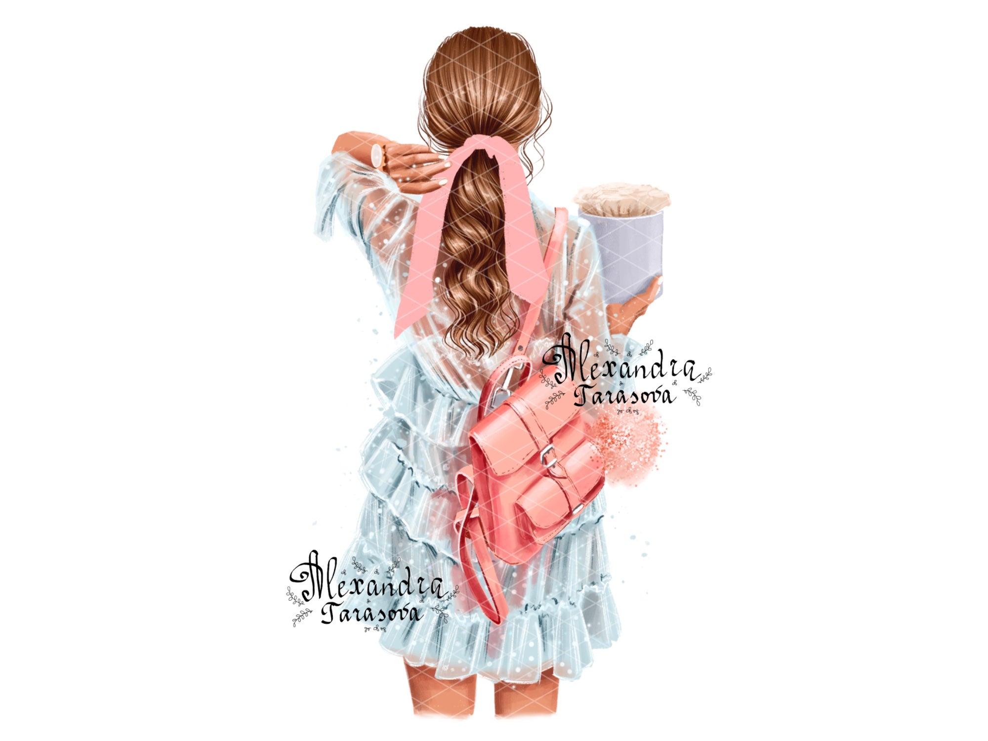 Digital Watercolor Illustration Fashion Girl Trendy Hairstyles Ponytail Stylish Blue Dress Painting Printable Art