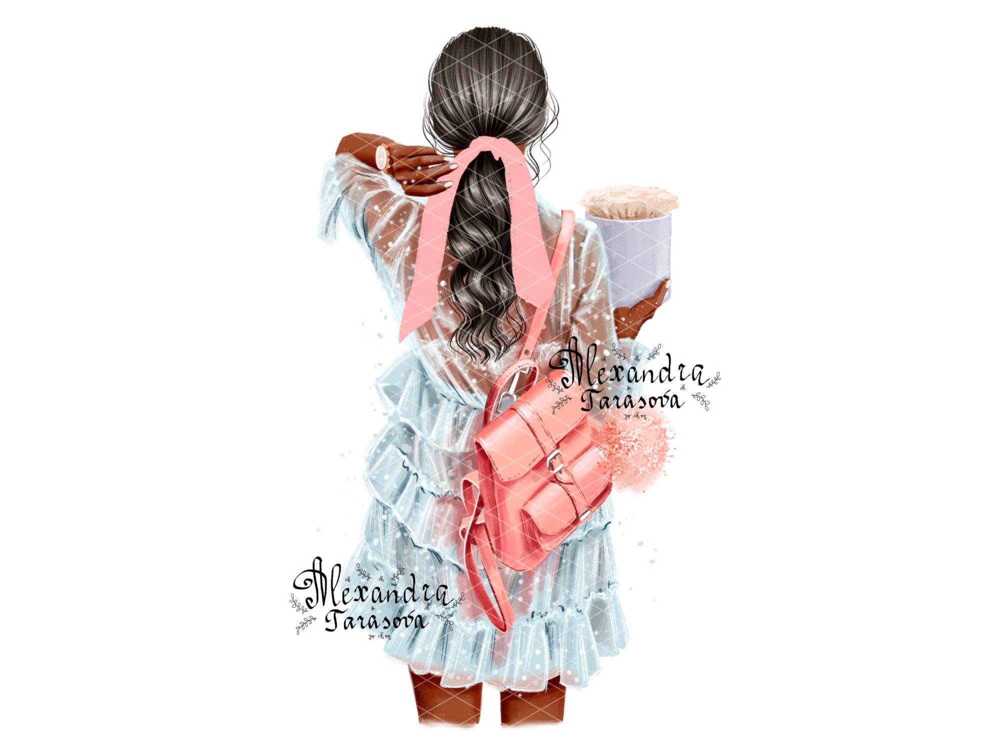 Digital Watercolor Illustration Fashion Girl Trendy Hairstyles Ponytail Stylish Blue Dress Painting Printable Art