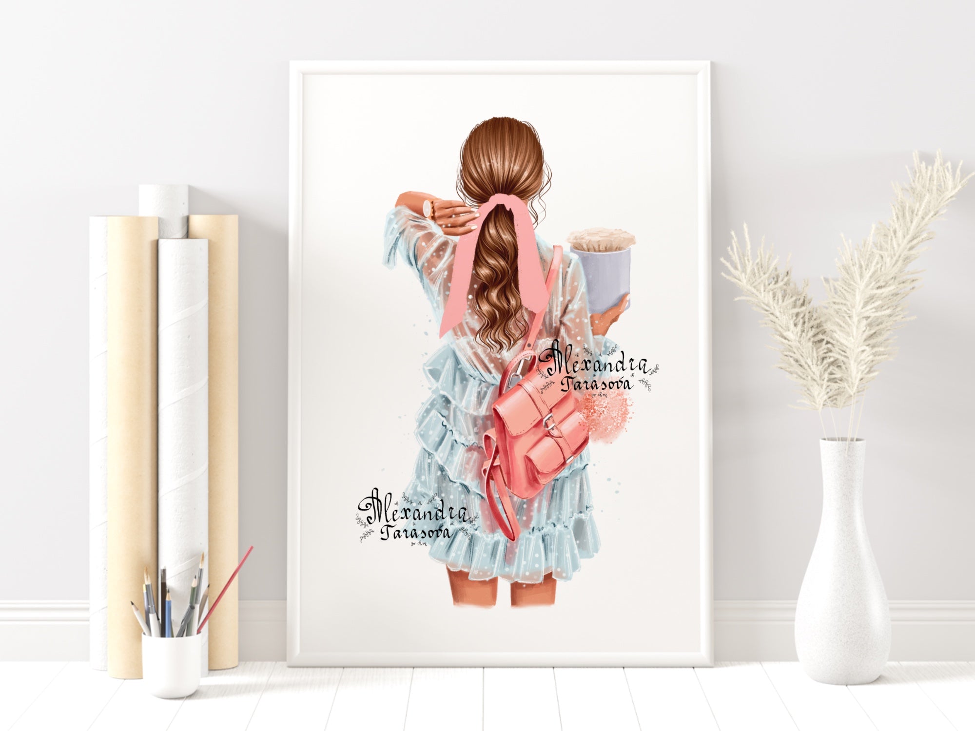Digital Watercolor Illustration Fashion Girl Trendy Hairstyles Ponytail Stylish Blue Dress Painting Printable Art