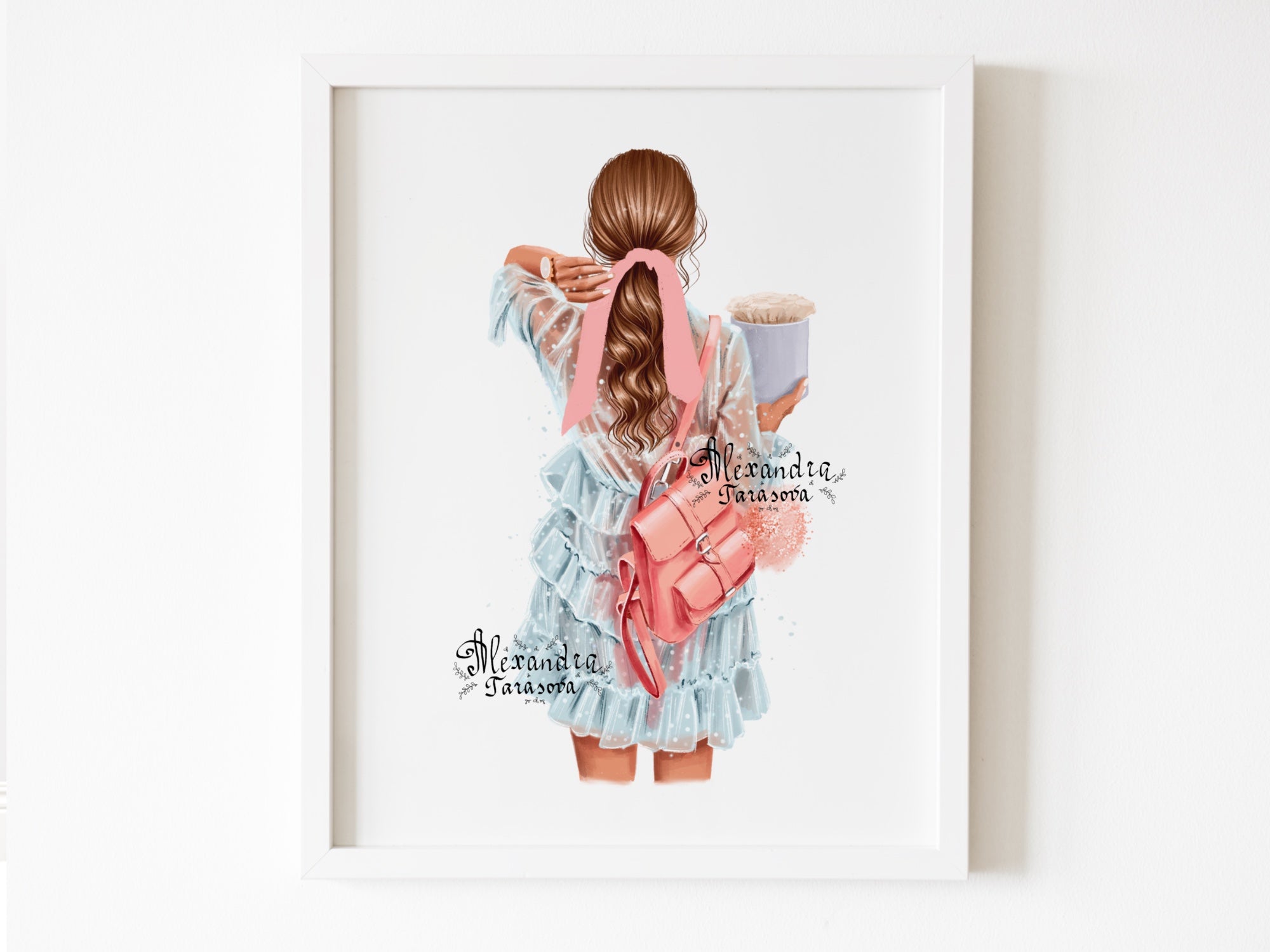 Digital Watercolor Illustration Fashion Girl Trendy Hairstyles Ponytail Stylish Blue Dress Painting Printable Art