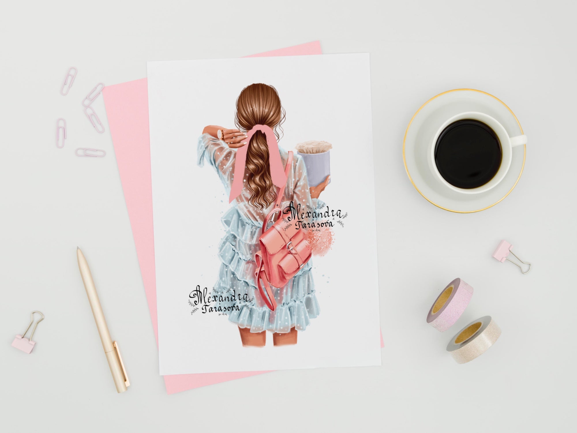 Digital Watercolor Illustration Fashion Girl Trendy Hairstyles Ponytail Stylish Blue Dress Painting Printable Art